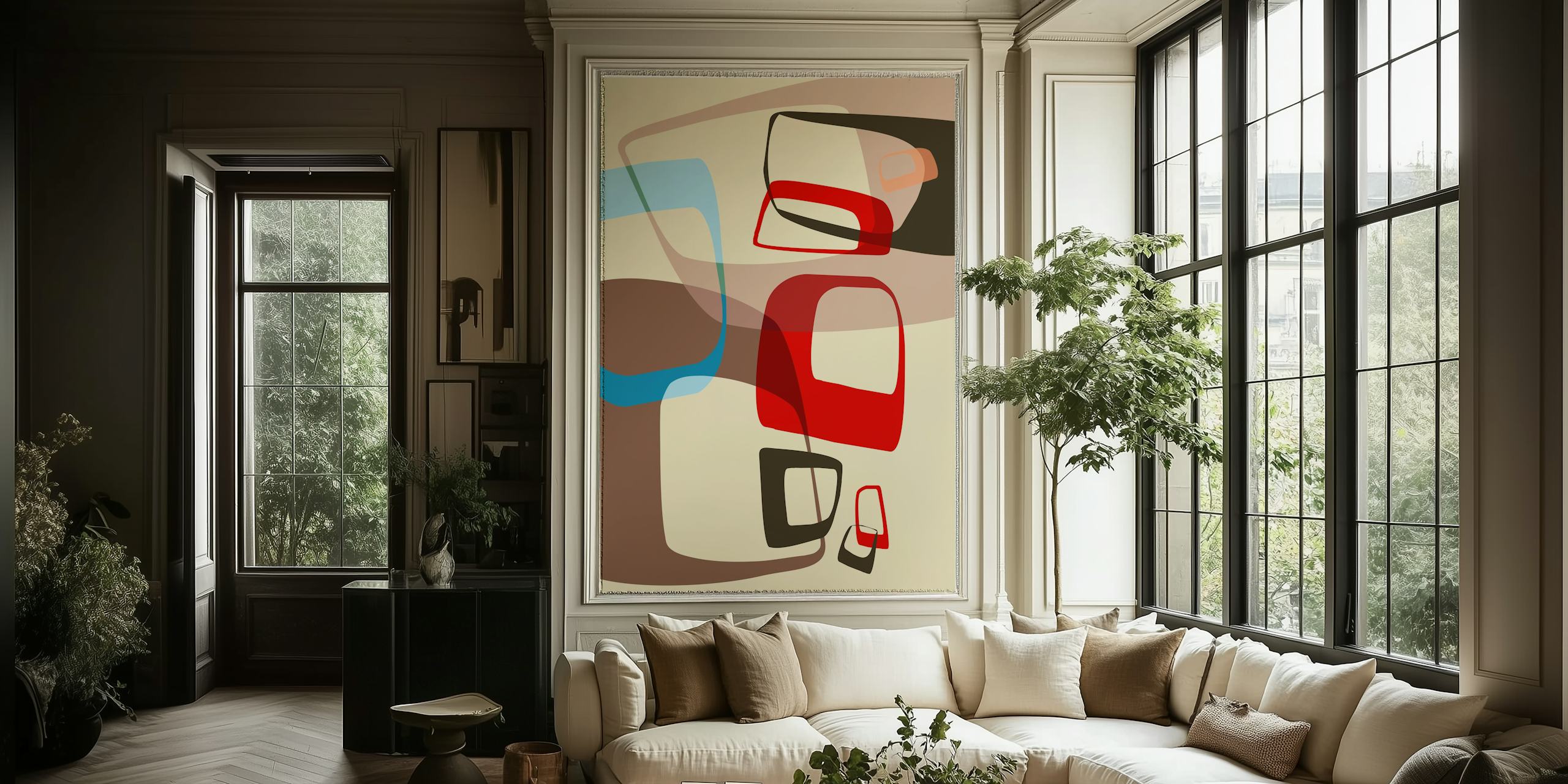 Colorful abstract shapes in blue, red, and brown wallpaper