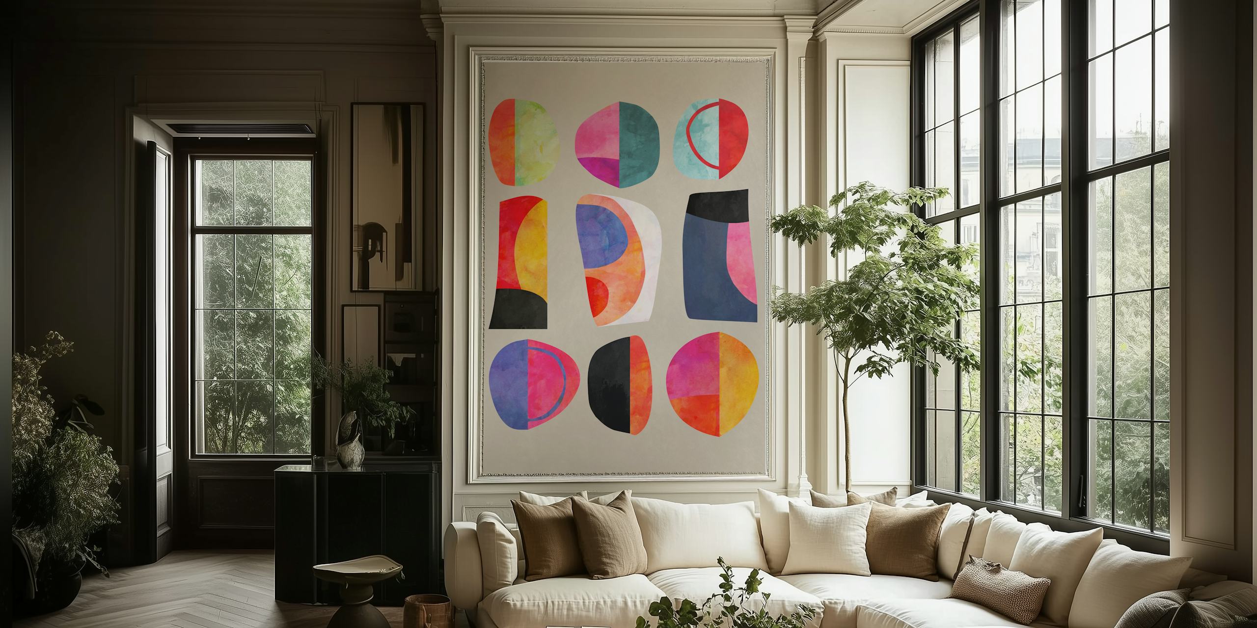 Colorful abstract shapes in pink, blue, and black wallpaper