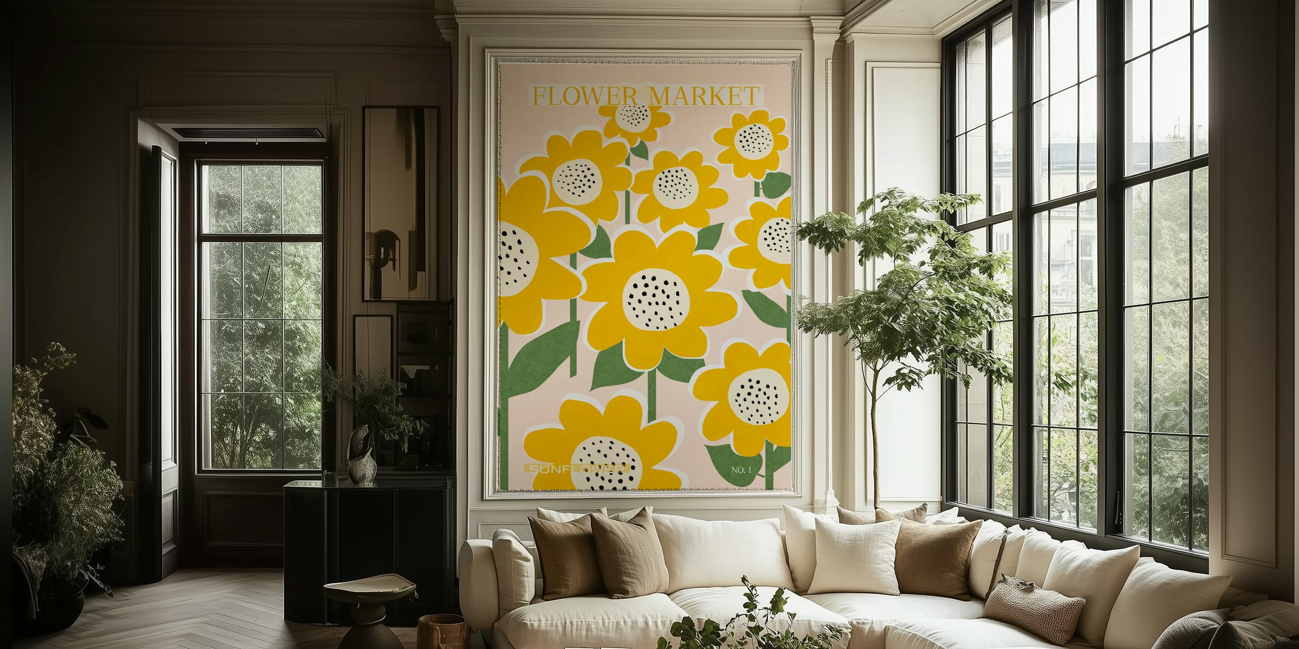 Bright yellow sunflower patterns with green leaves on pastel pink wallpaper