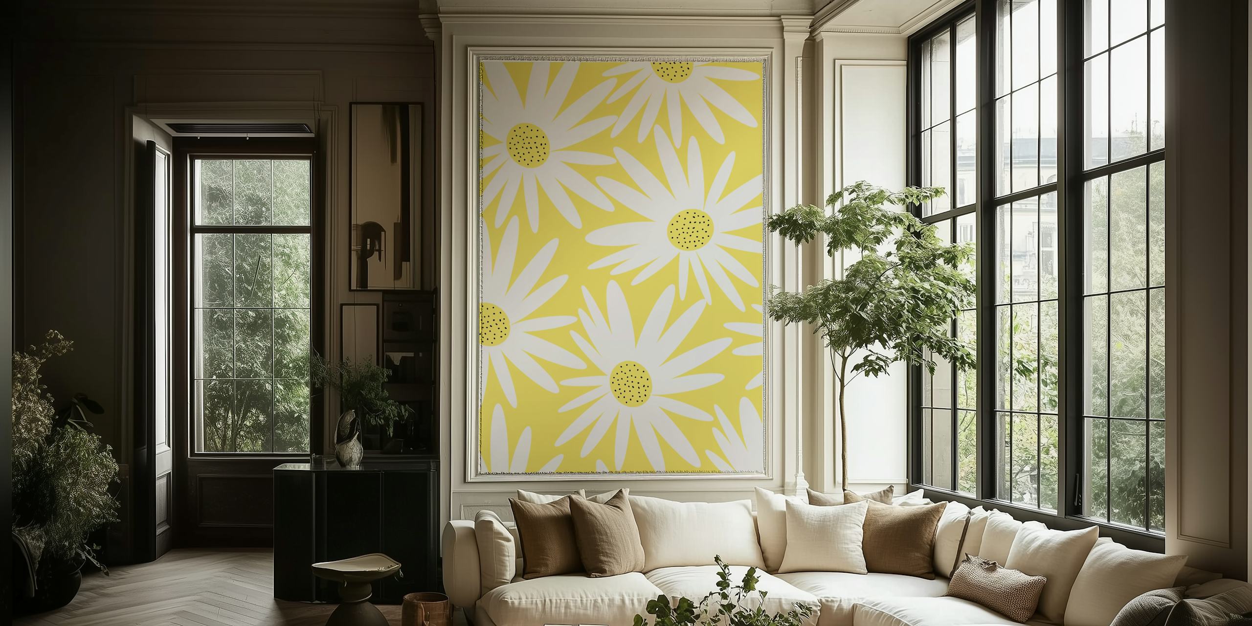 Retro sunflower pattern wall mural on a bright yellow background