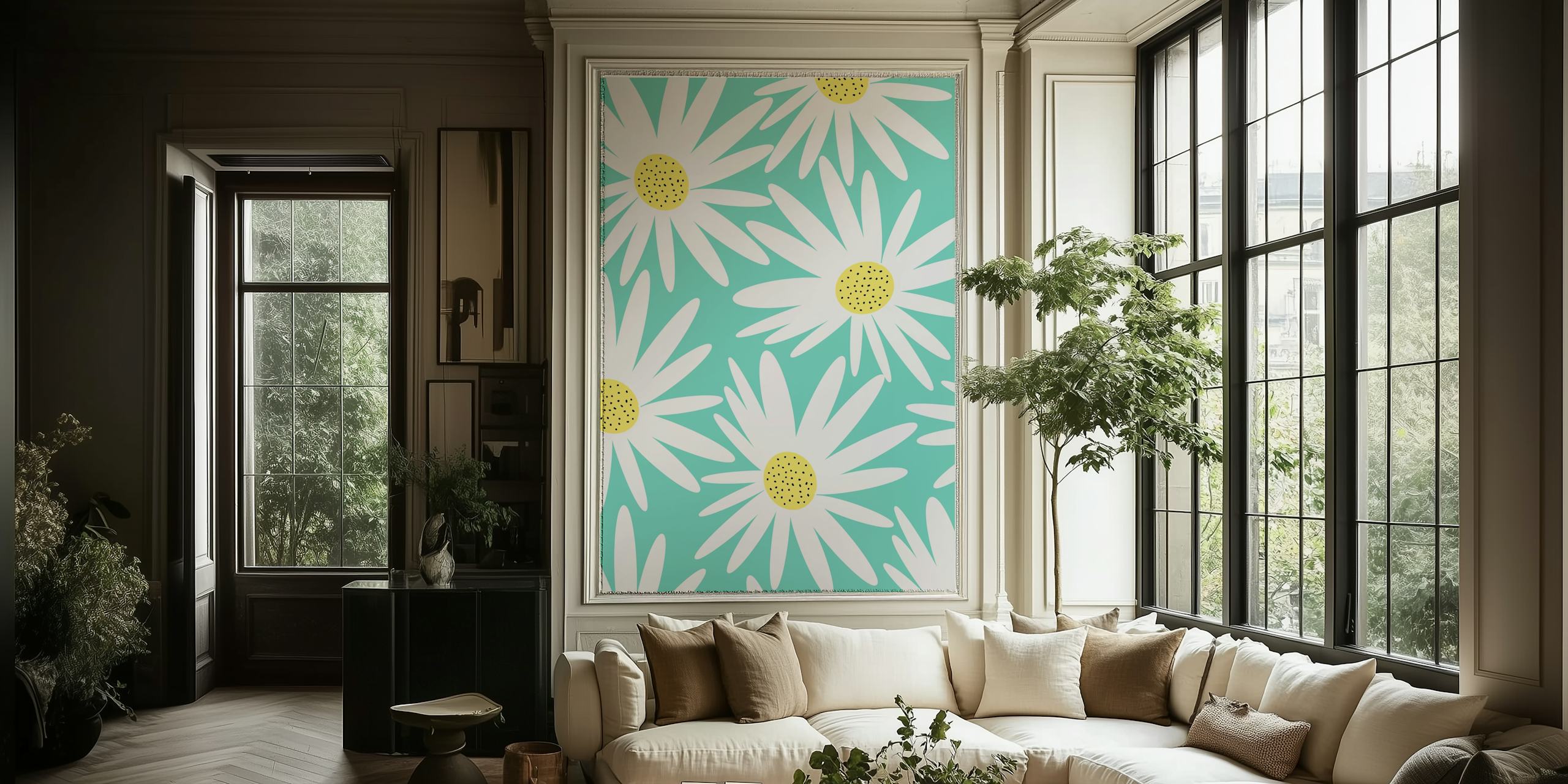 Retro-inspired sunflower wall mural on a mint green background