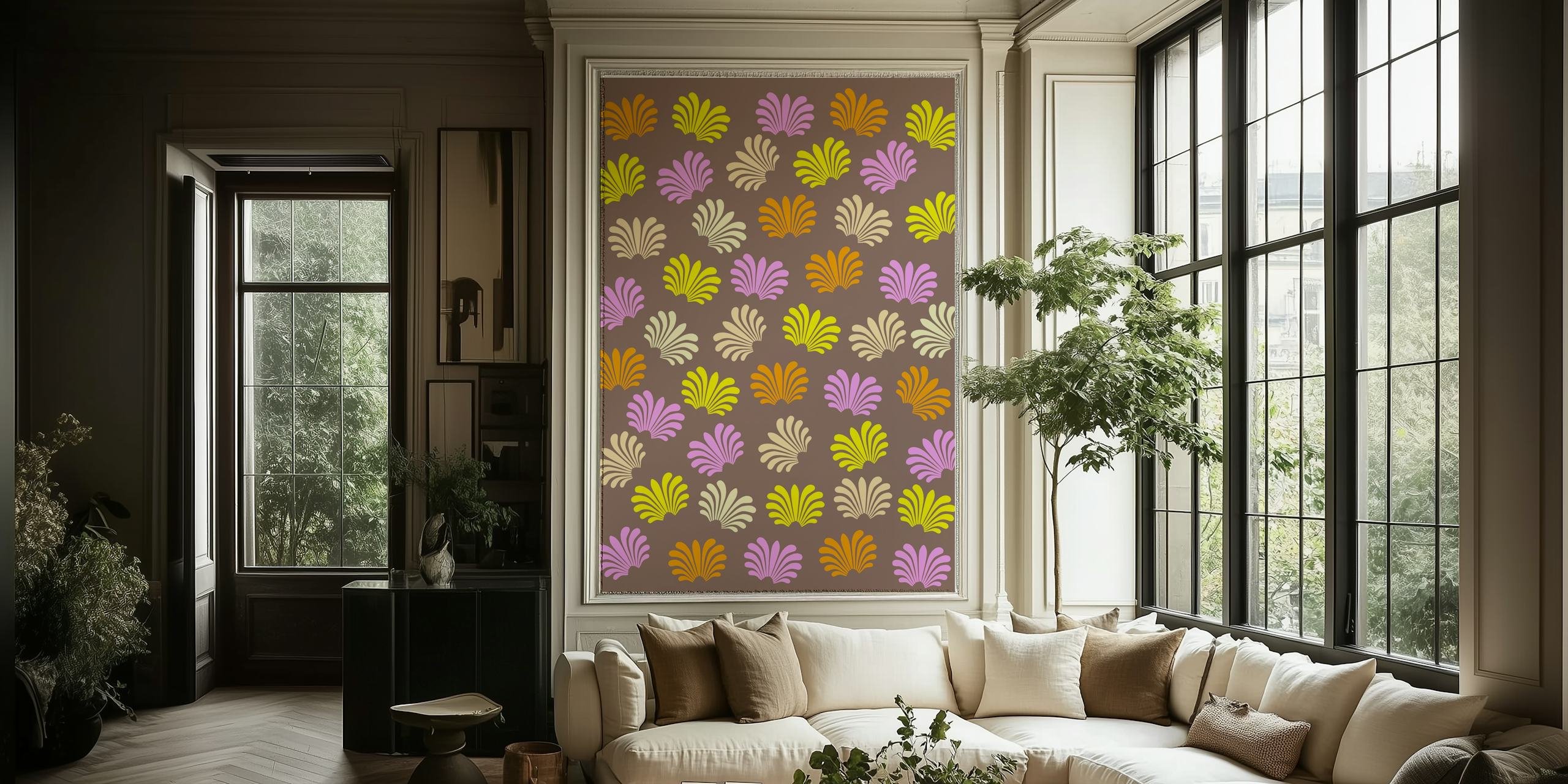 Colorful retro-style lotus flower patterns on a dark background wall mural
