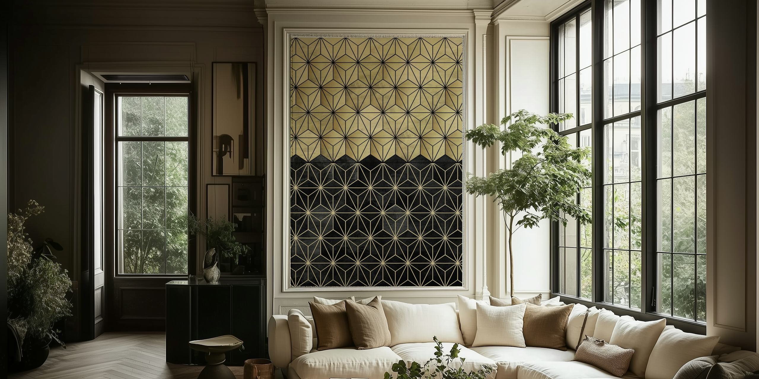 Gull og svart geometrisk mønstret veggmaleri fra happywall.com