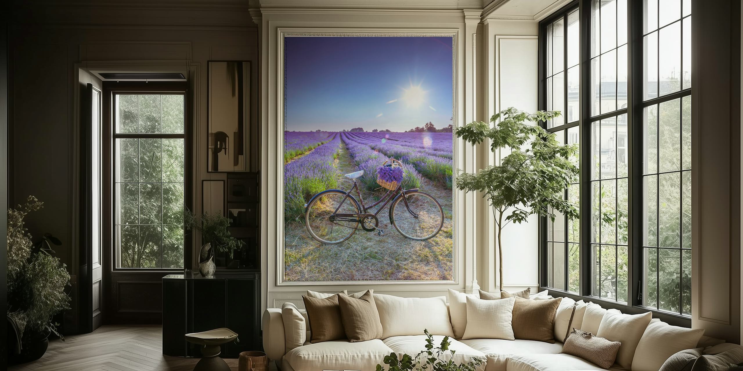 Bicycle in a lavender field with purple flowers wallpaper