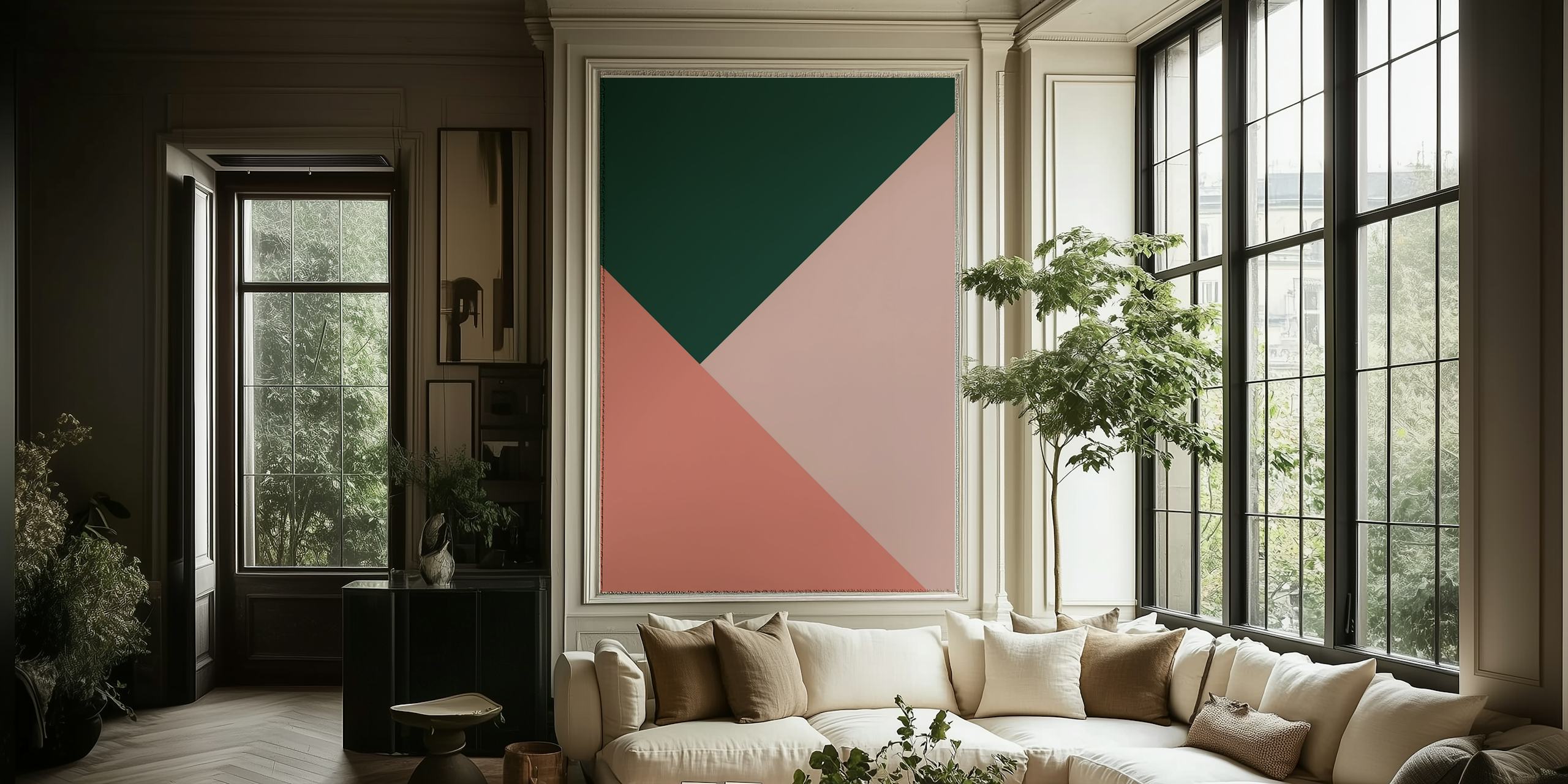 Geometric triangles in pink, green, and beige wallpaper