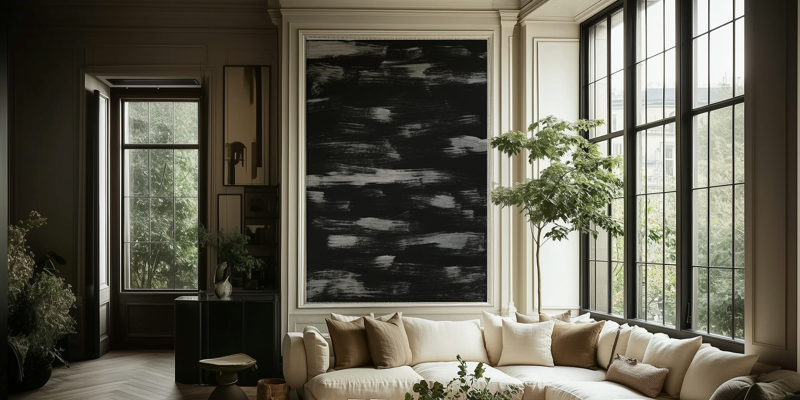 Abstract brushstroke patterns in black and white wallpaper