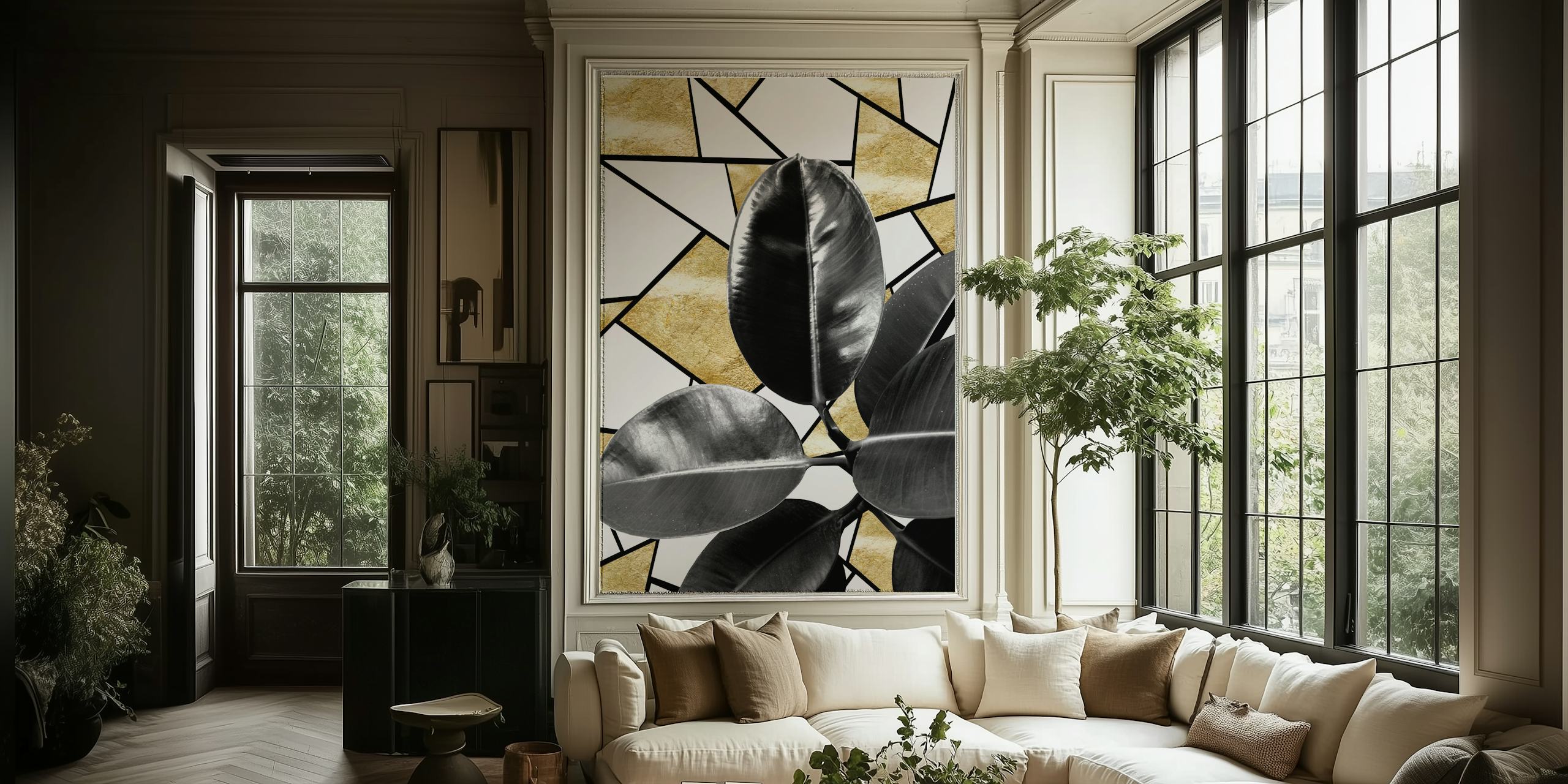 Ficus Elastica leaves with gold geometric patterns on a wall mural