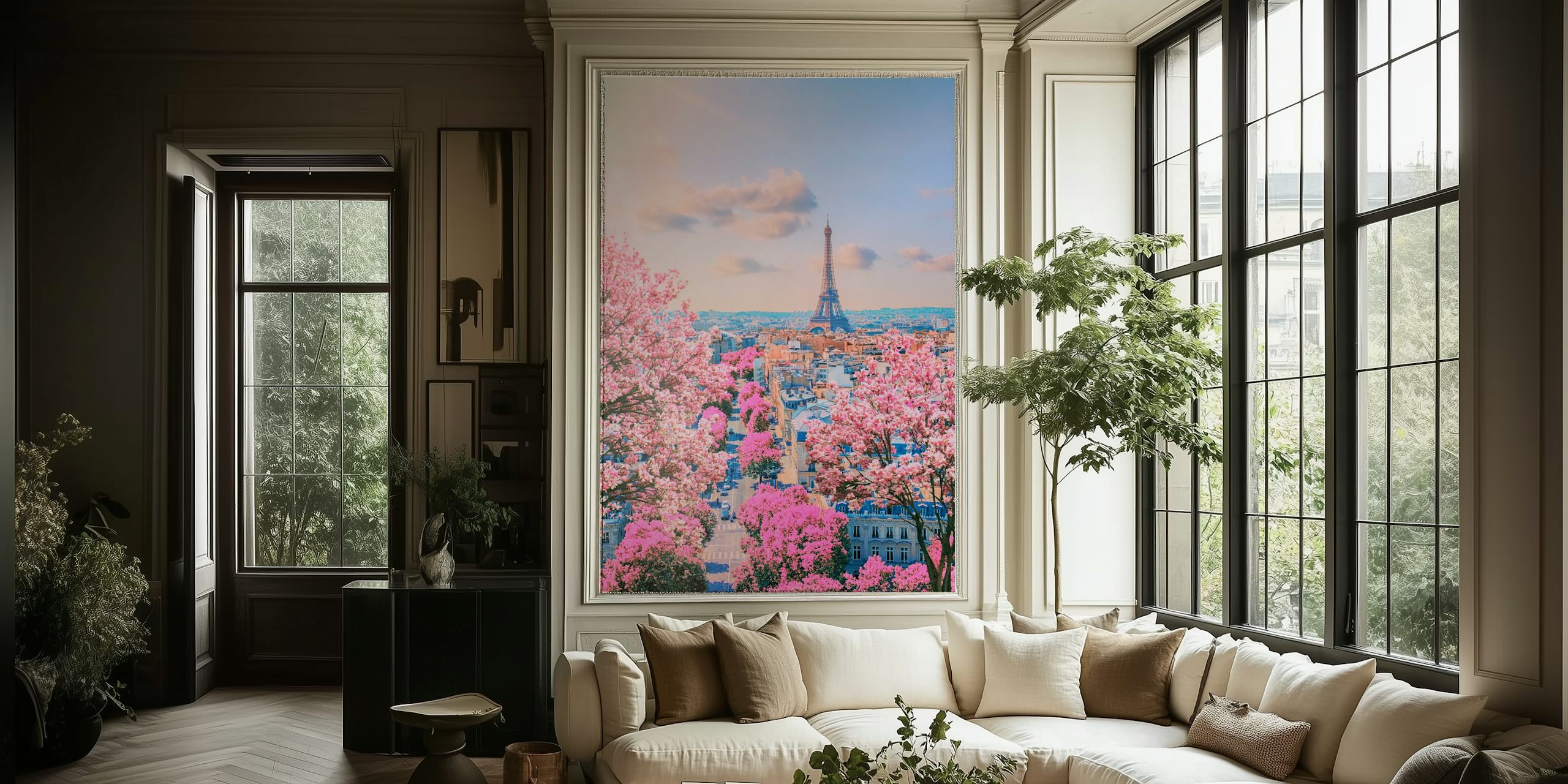 Cherry blossoms and Eiffel Tower against a pink sky wallpaper