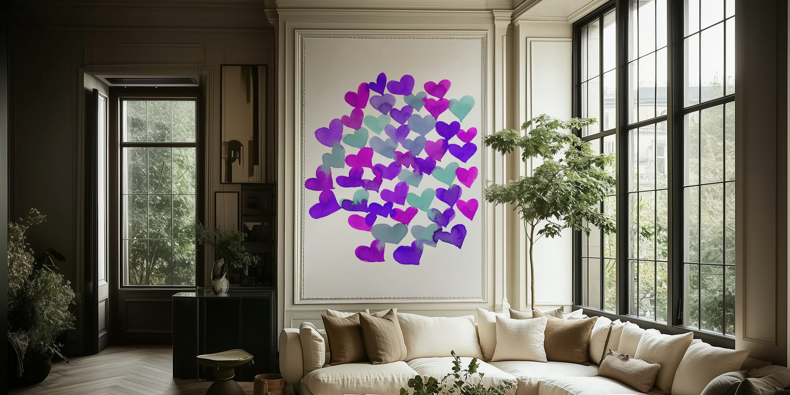 Hearts in various shades of aqua and purple softly floating on a white background