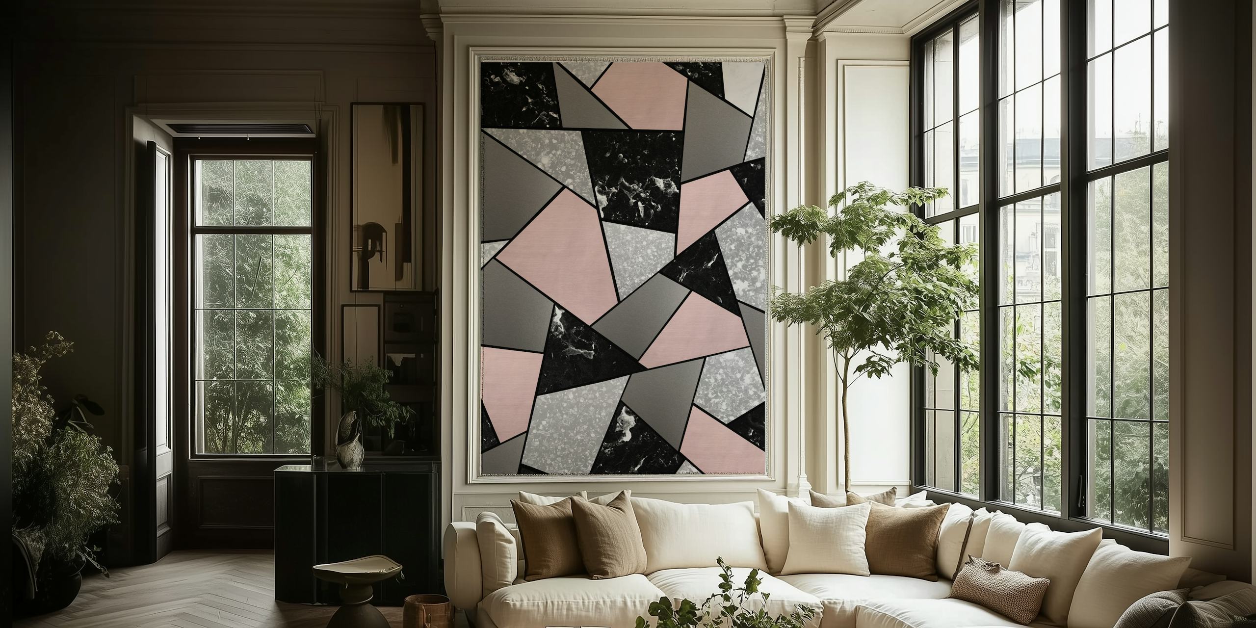 Black White Blush Geometric tapet i et rum
