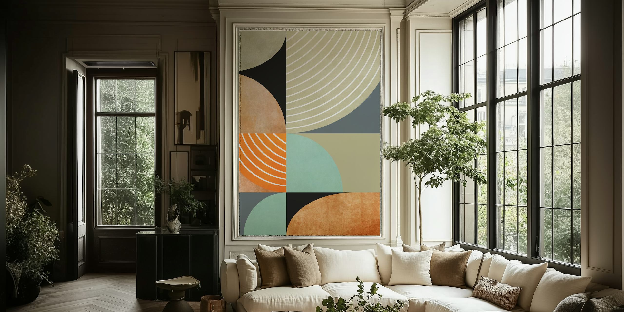 Geometric semi circles pattern in earthy colors like muted orange, green, and grey wallpaper