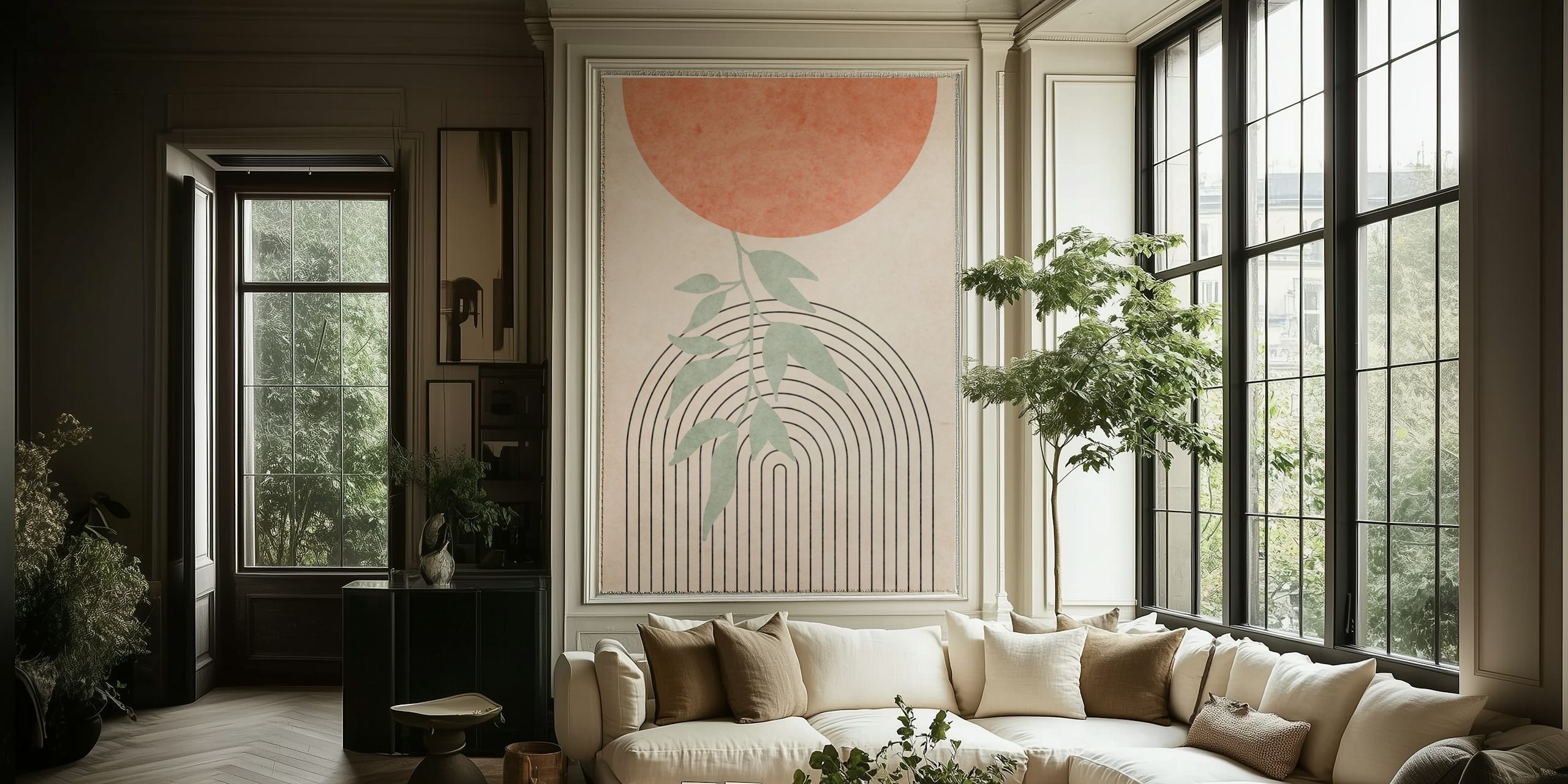 Abstract design with a large red circle, green leaves, and black lines wallpaper