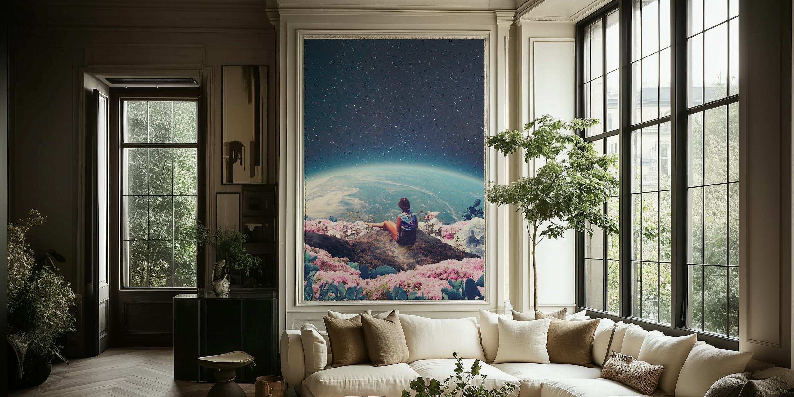 Floral landscape with pink flowers and earth view wallpaper