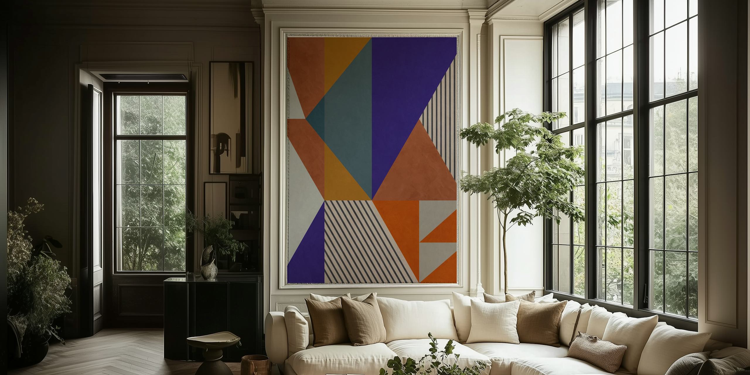Abstract geometric wall mural in shades of orange, blue, and neutral colors