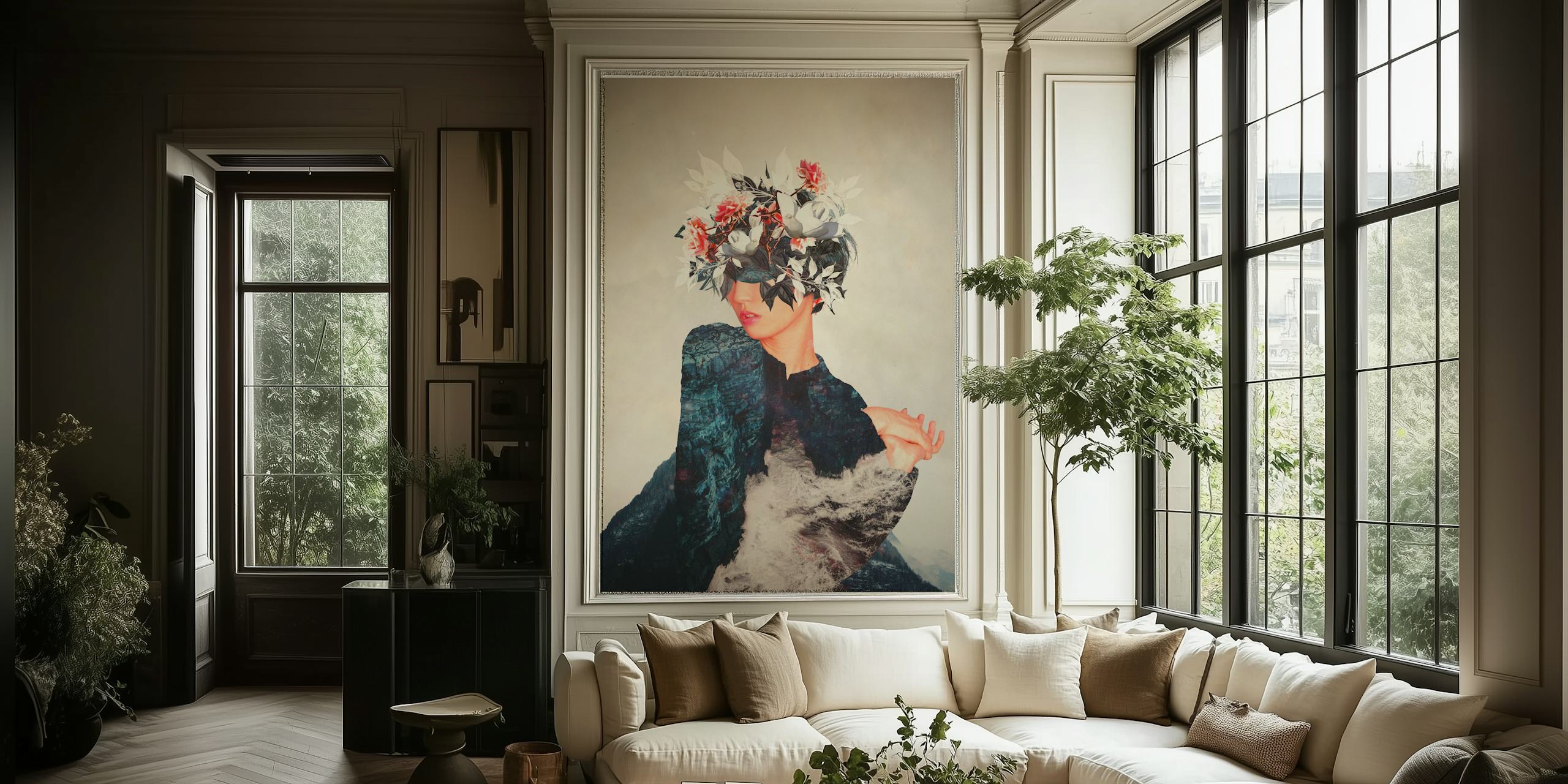 Elegant tapet med en figur med blommigt huvudstycke mot en strukturerad bakgrund