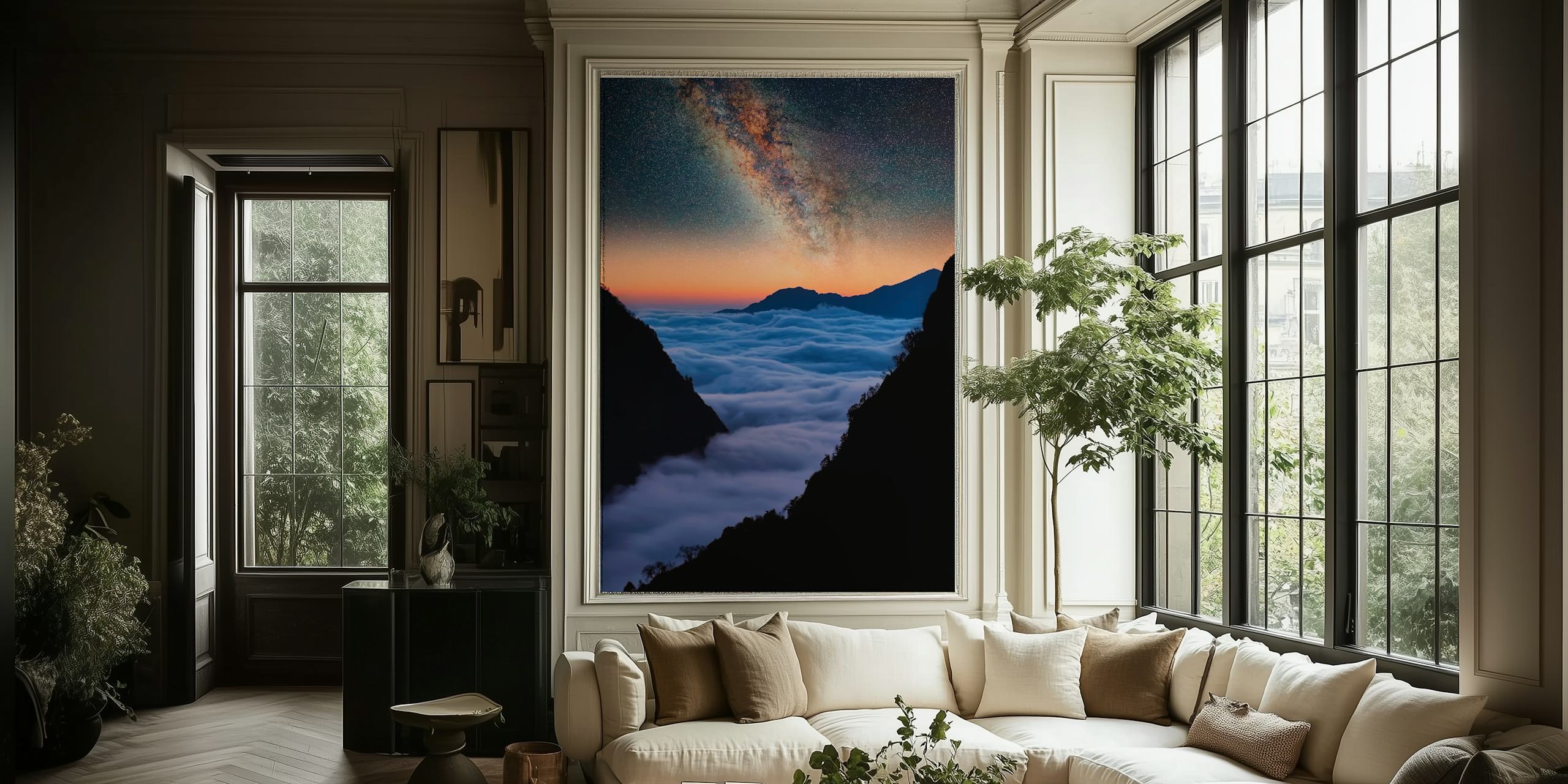 Mountain landscape with clouds and starry sky wallpaper