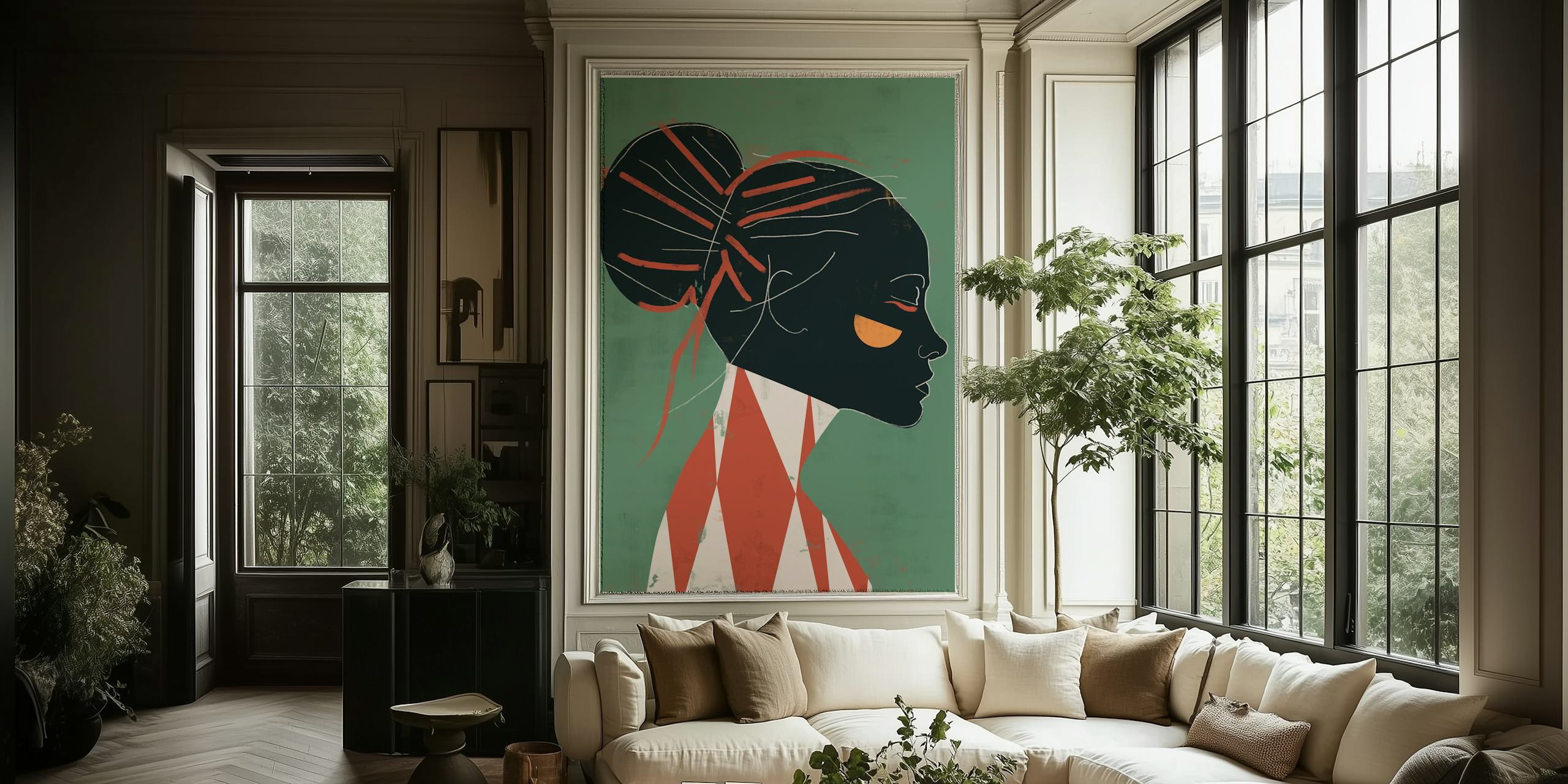 Female profile with red accents on green background wallpaper