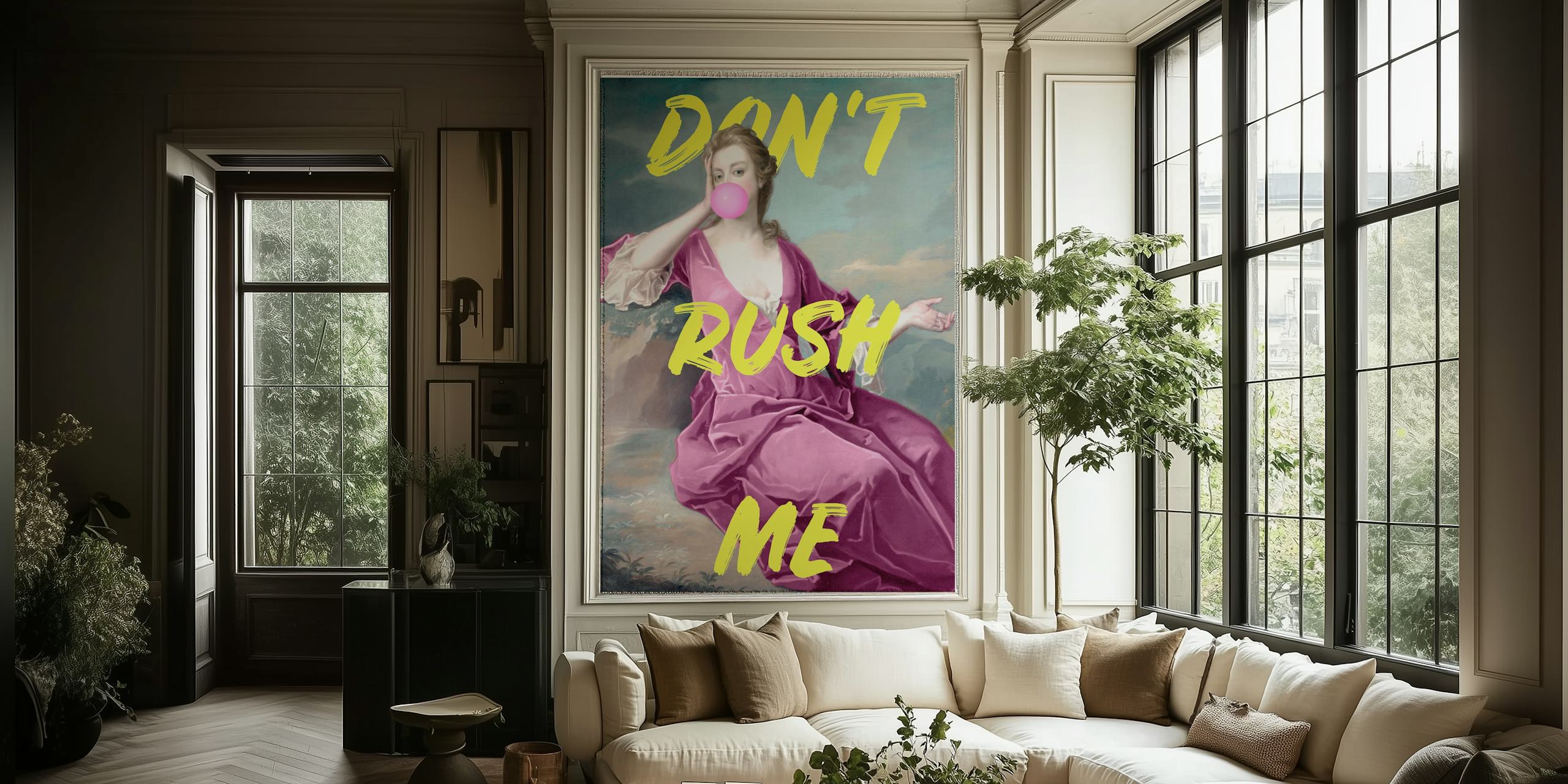 Portrait of woman with pink bubble and yellow text wallpaper