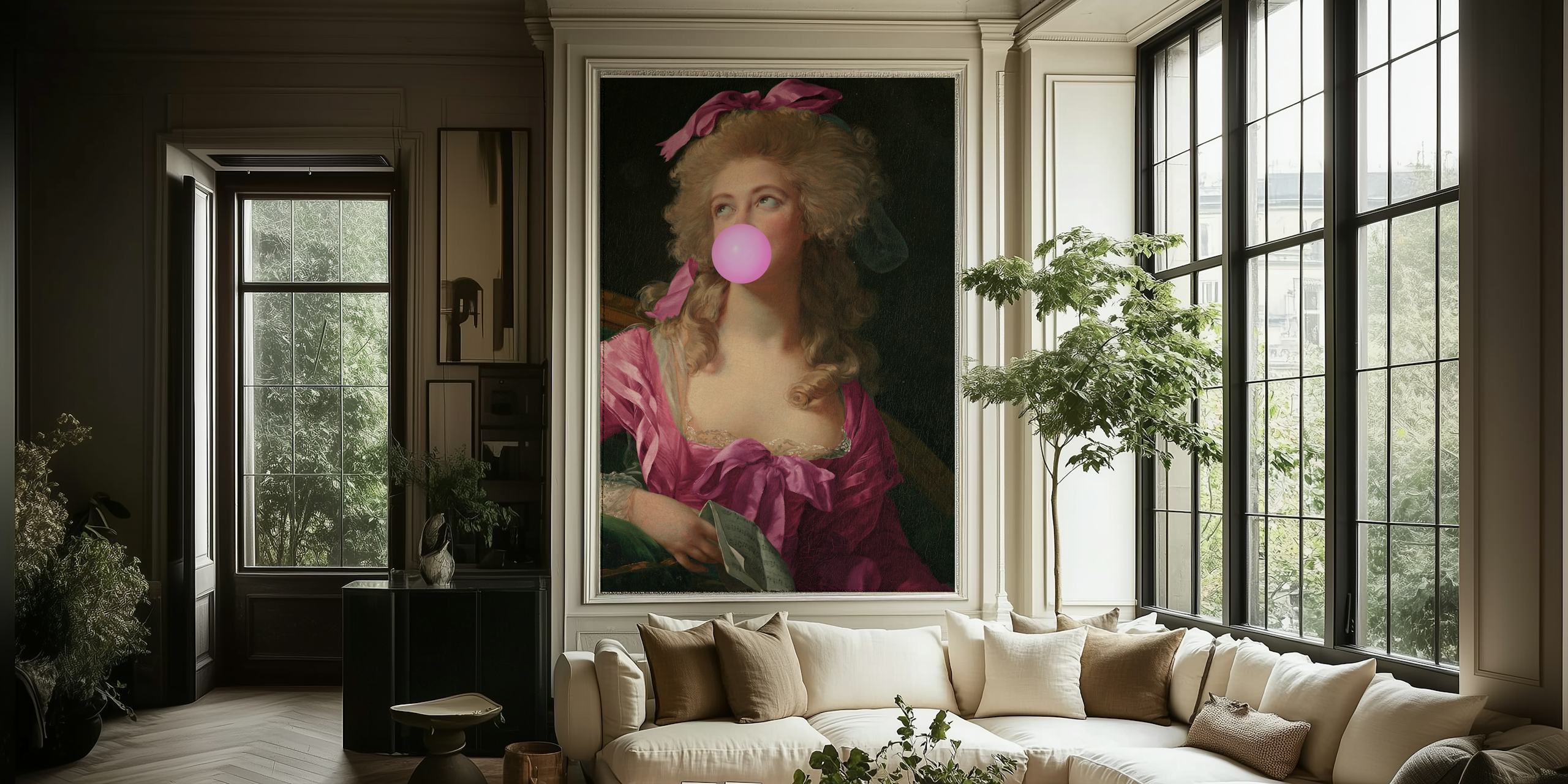 Portrait of a woman blowing bubble gum with pink hair and dress, vintage style wallpaper