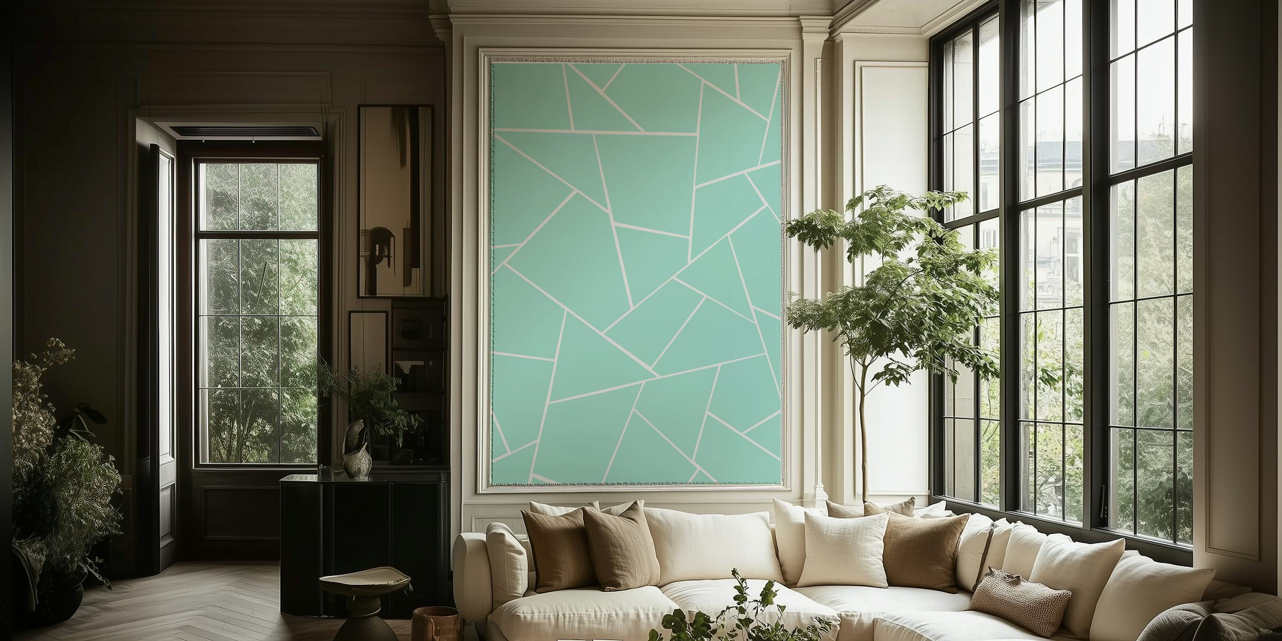 Mint geometric shapes with white lines on wallpaper
