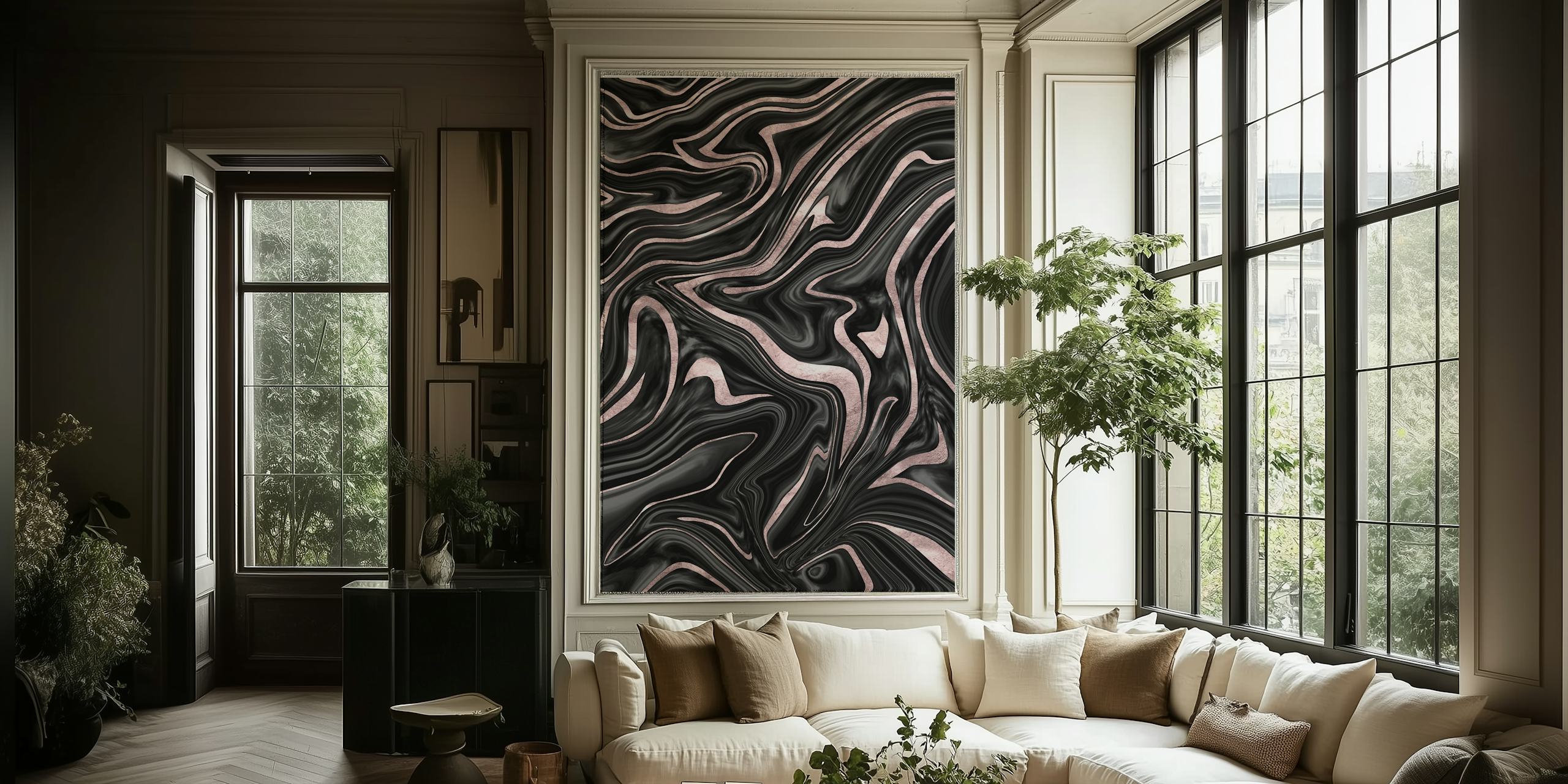Black gray rose gold marble wallpaper in a room