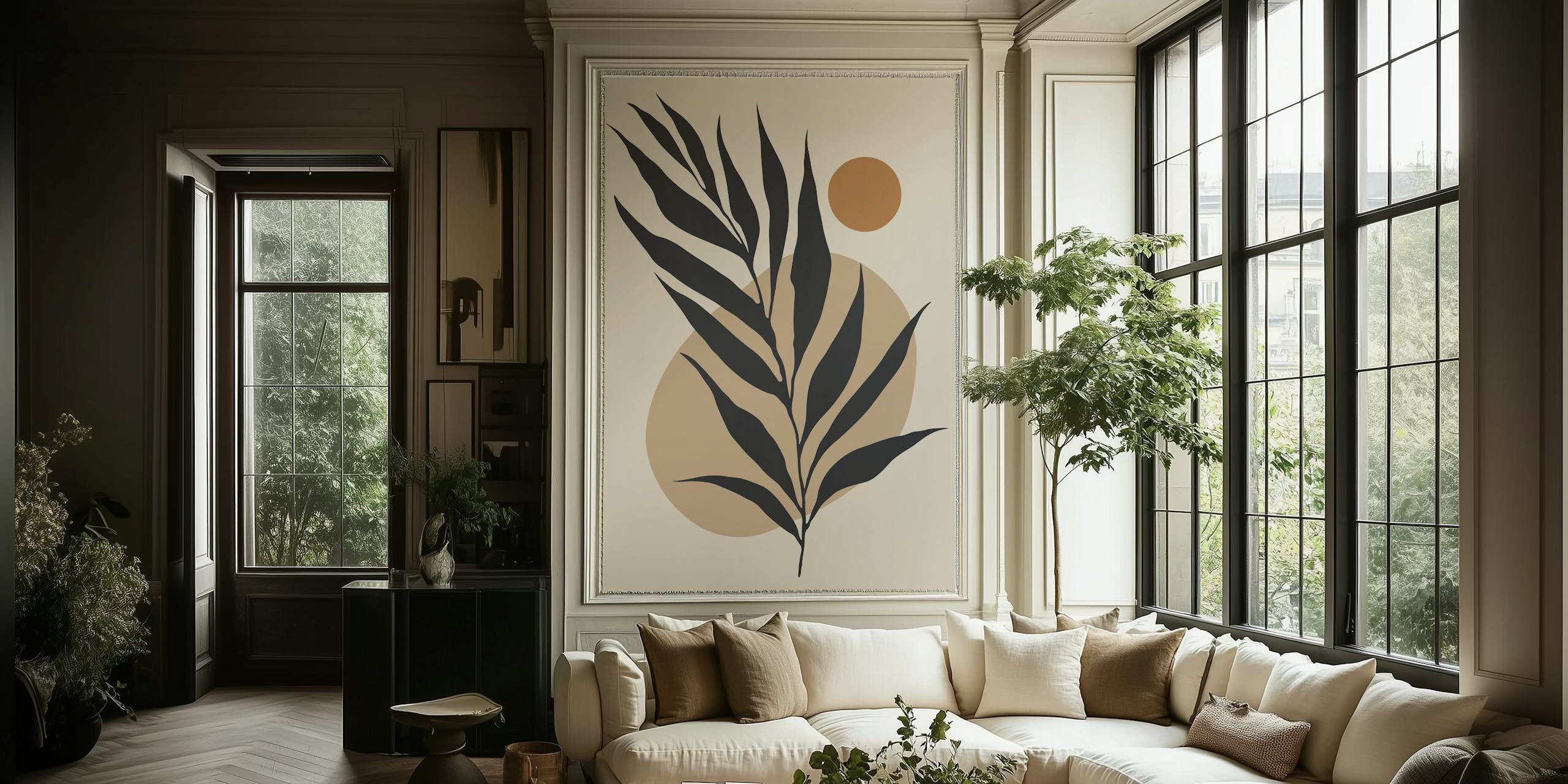 Monochrome leaves with warm beige circles on cream wallpaper