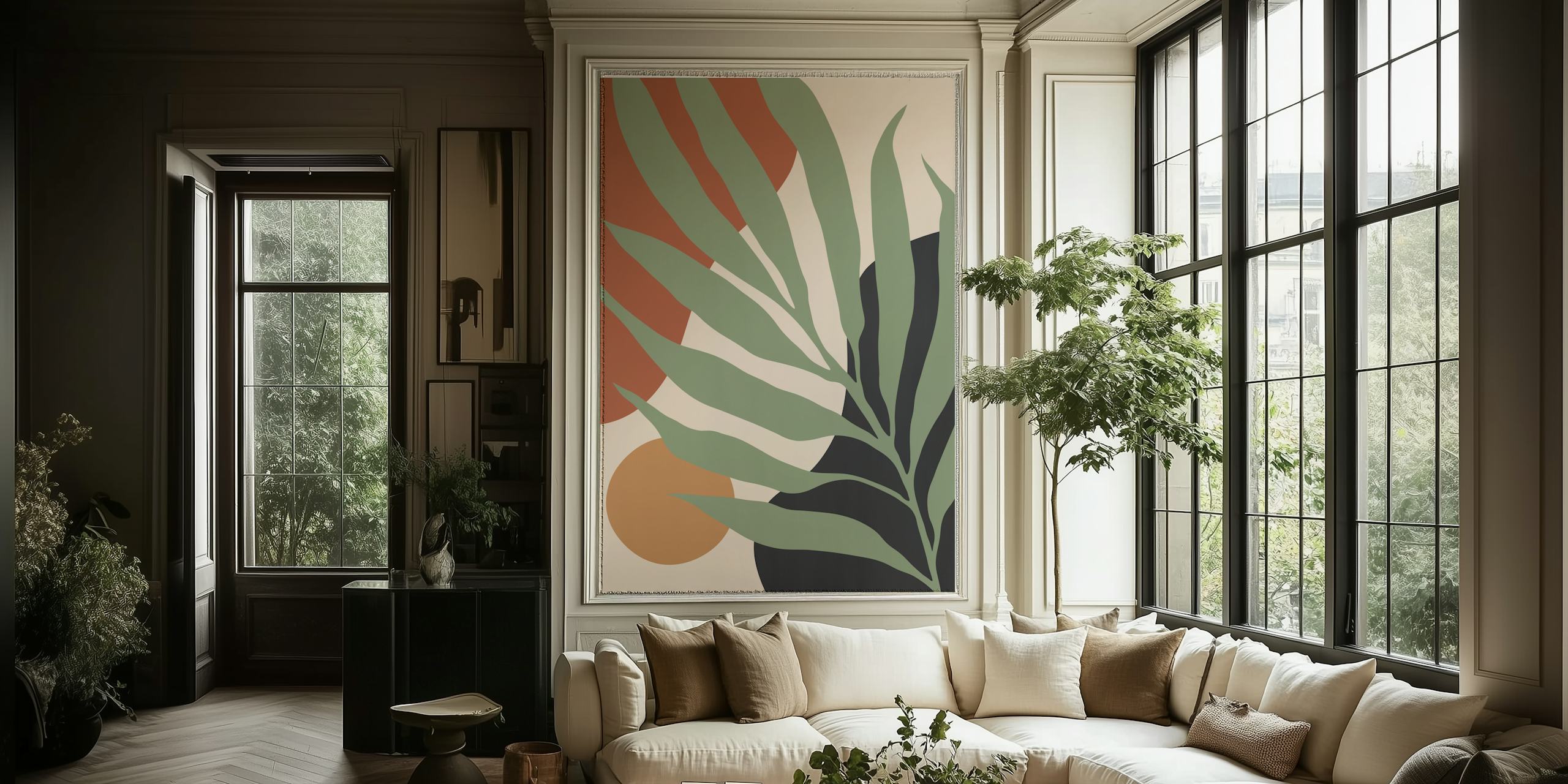 Botanical leaves in earthy colors on a cream background wallpaper