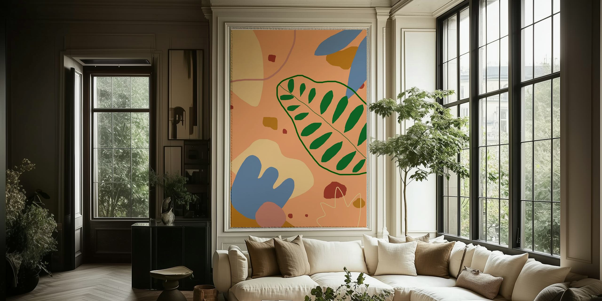 Modern botanical wall mural showcasing stylized coral vegetation in earthy tones