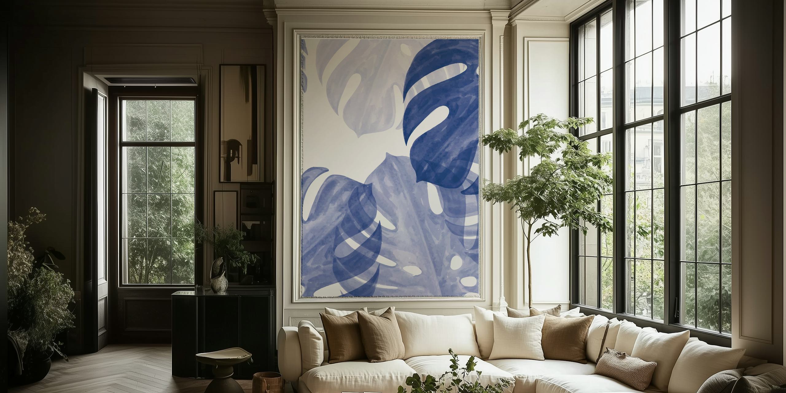 Papel de parede Monstera Blue Leaves em um quarto