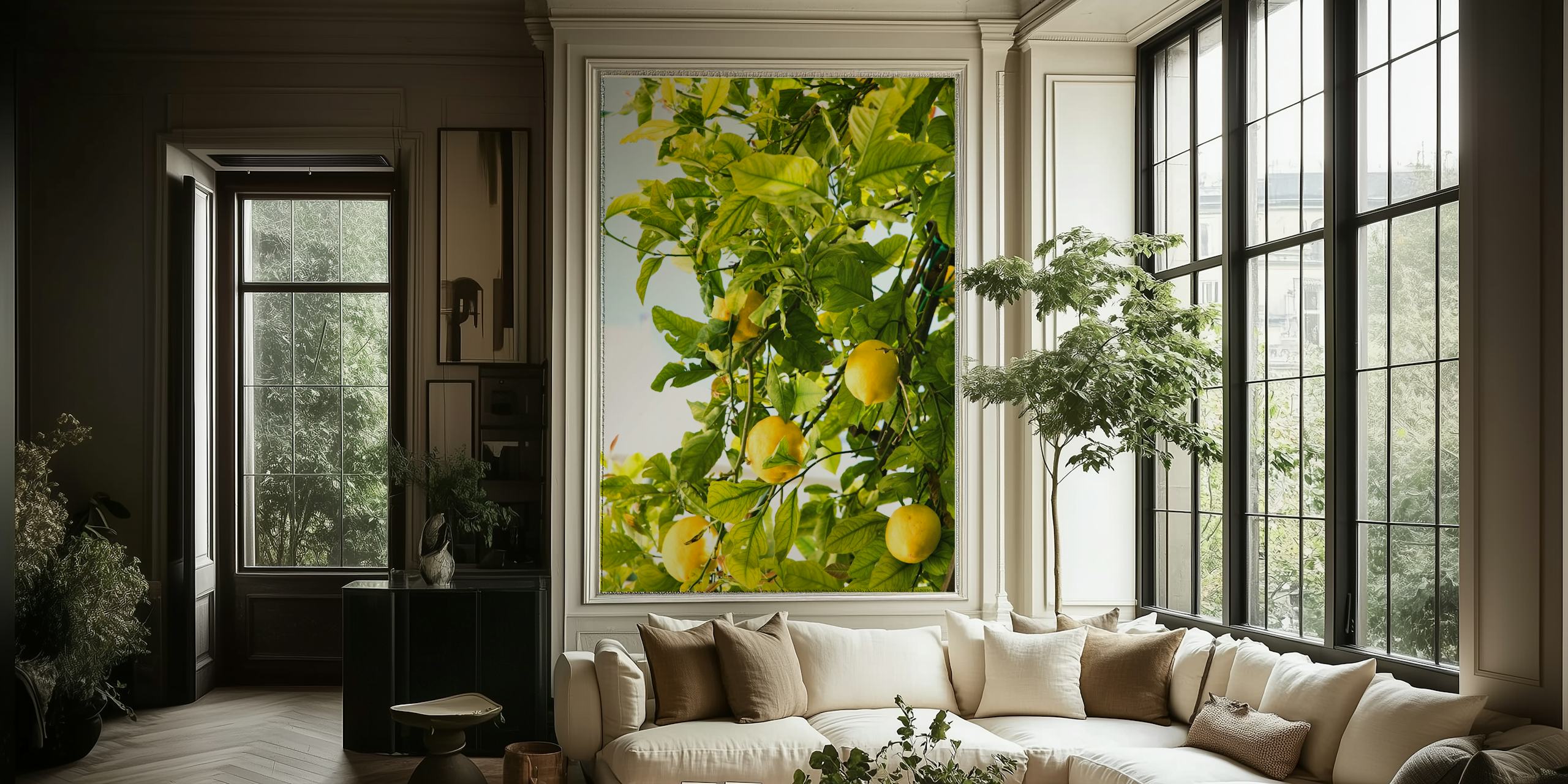 Amalfi Lemon Dream -seinämaalaus, jossa näkyy kirkkaan keltaisia sitruunoita rehevien vihreiden lehtien keskellä.