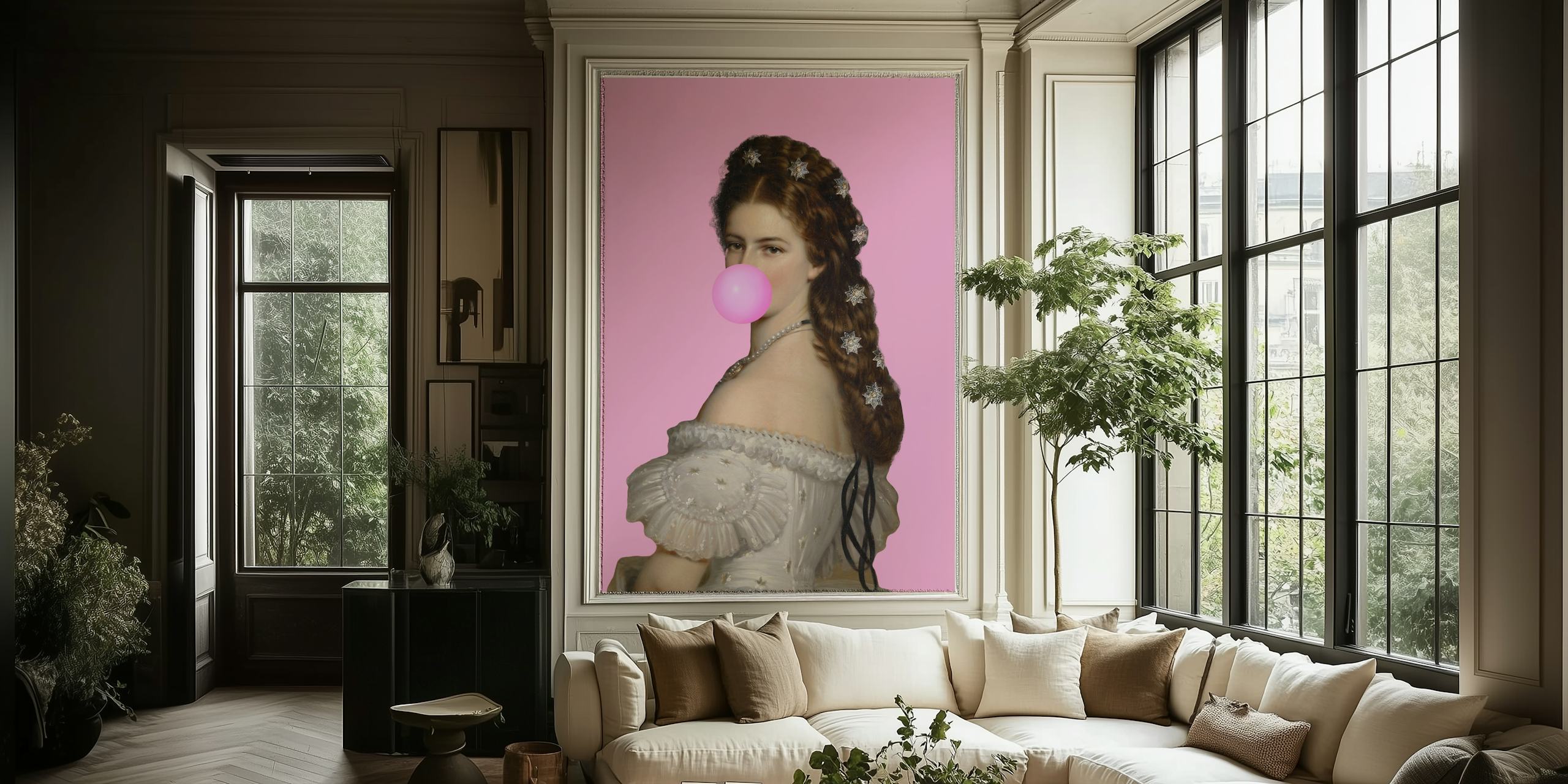 Victorian woman blowing bubble gum against bright pink wallpaper