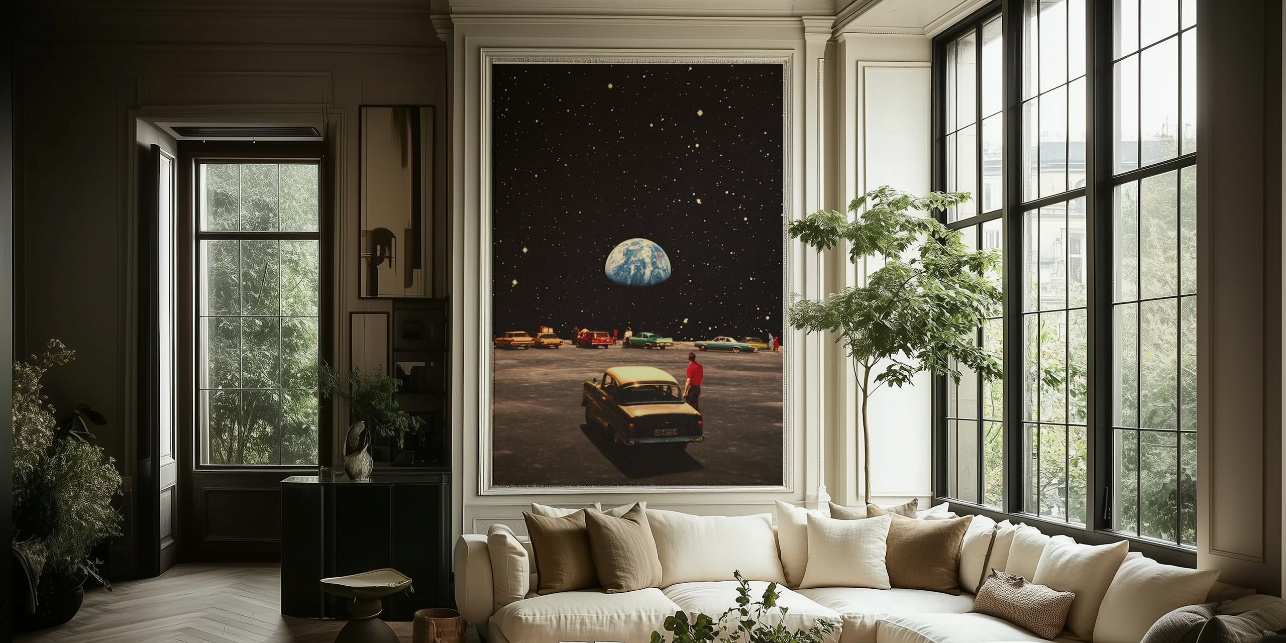 Vintage cosmic wallpaper featuring colorful cars under a starry sky