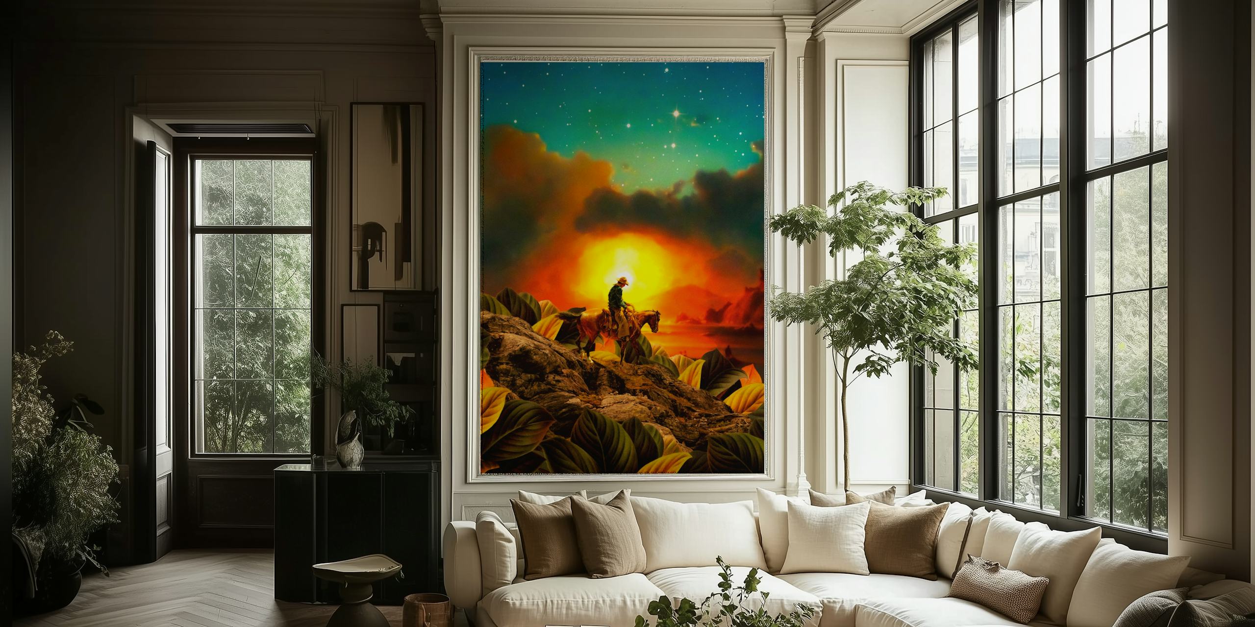 Photo murale silhouette de cavalier et de cheval contre le coucher du soleil avec un ciel éclairé par des étoiles