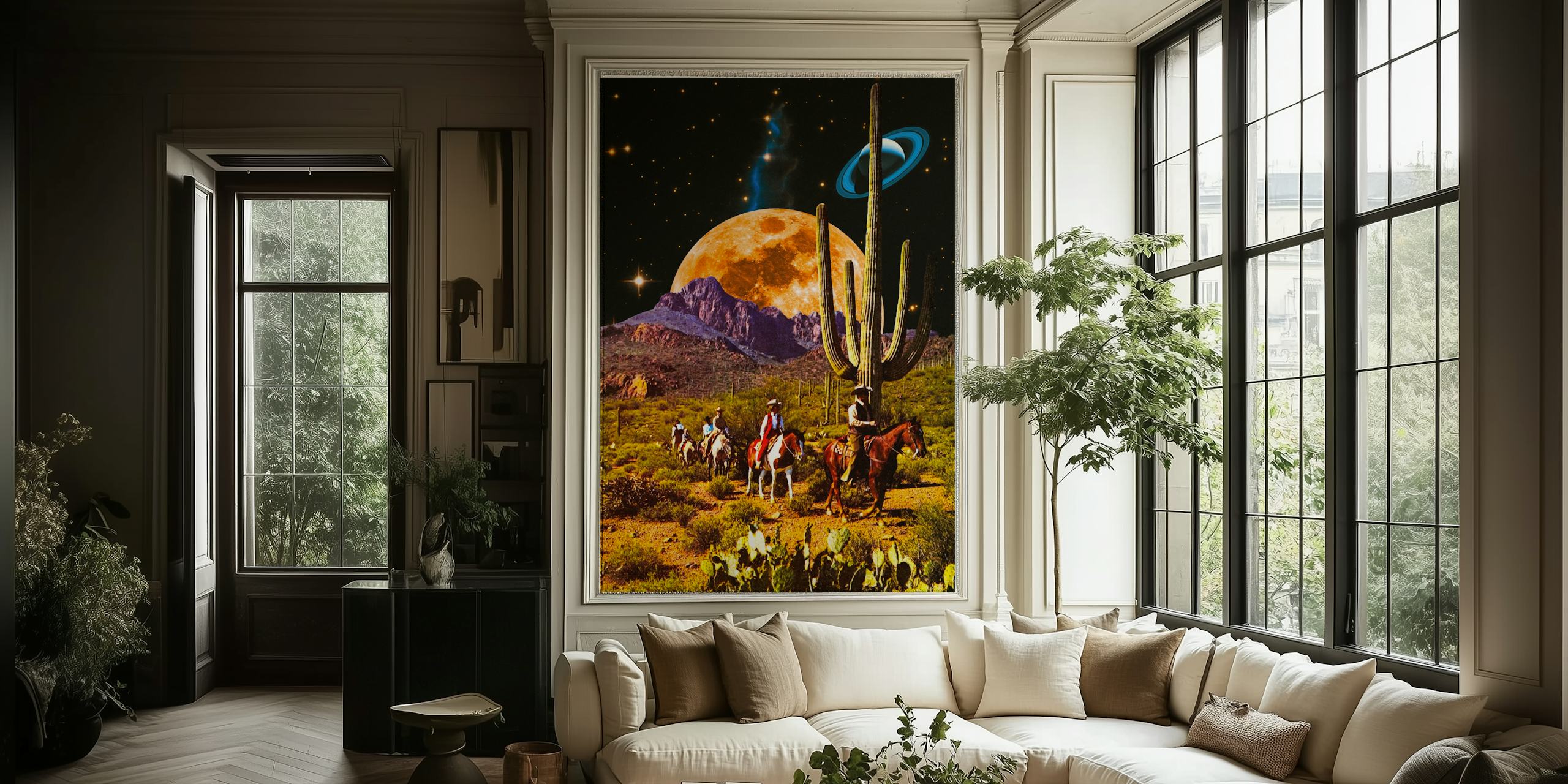 Fototapeta Space Cowboys s koňmi, kaktusem a prstencovým měsícem