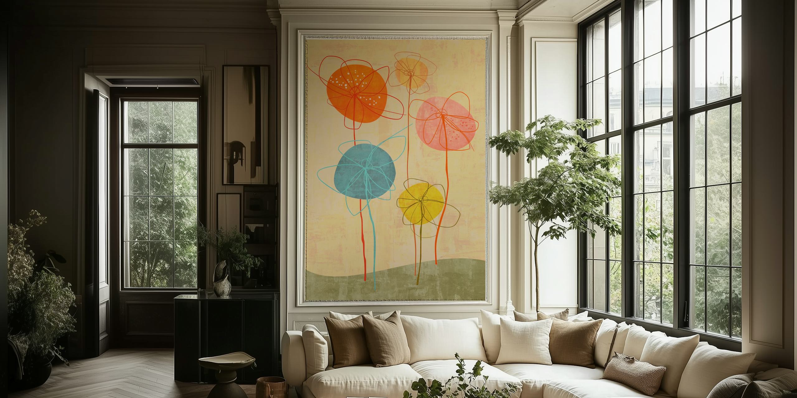 Colorful abstract floral design with pink, orange, and blue flowers on beige background wallpaper.