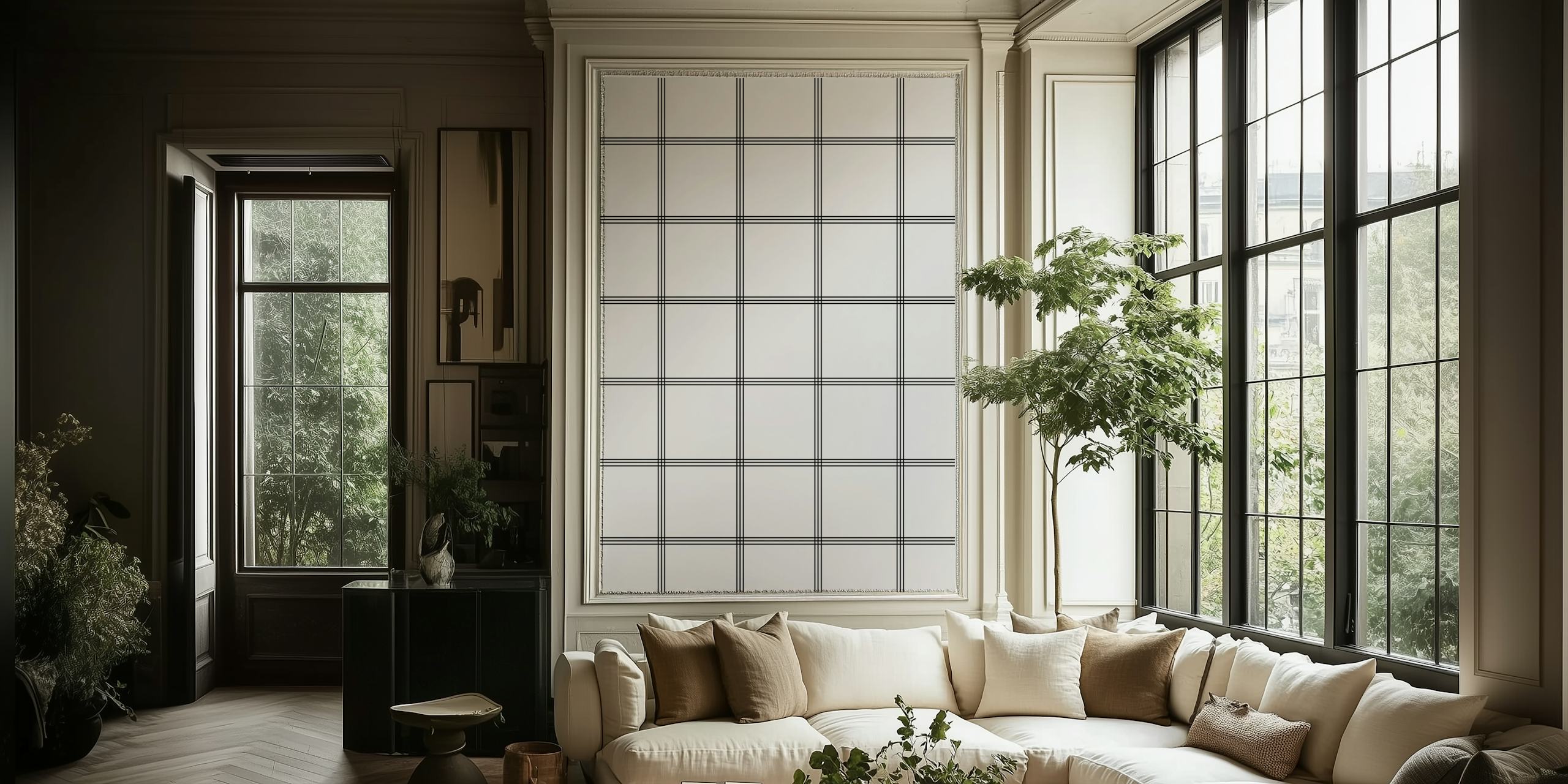Minimal black white grid wallpaper in a room