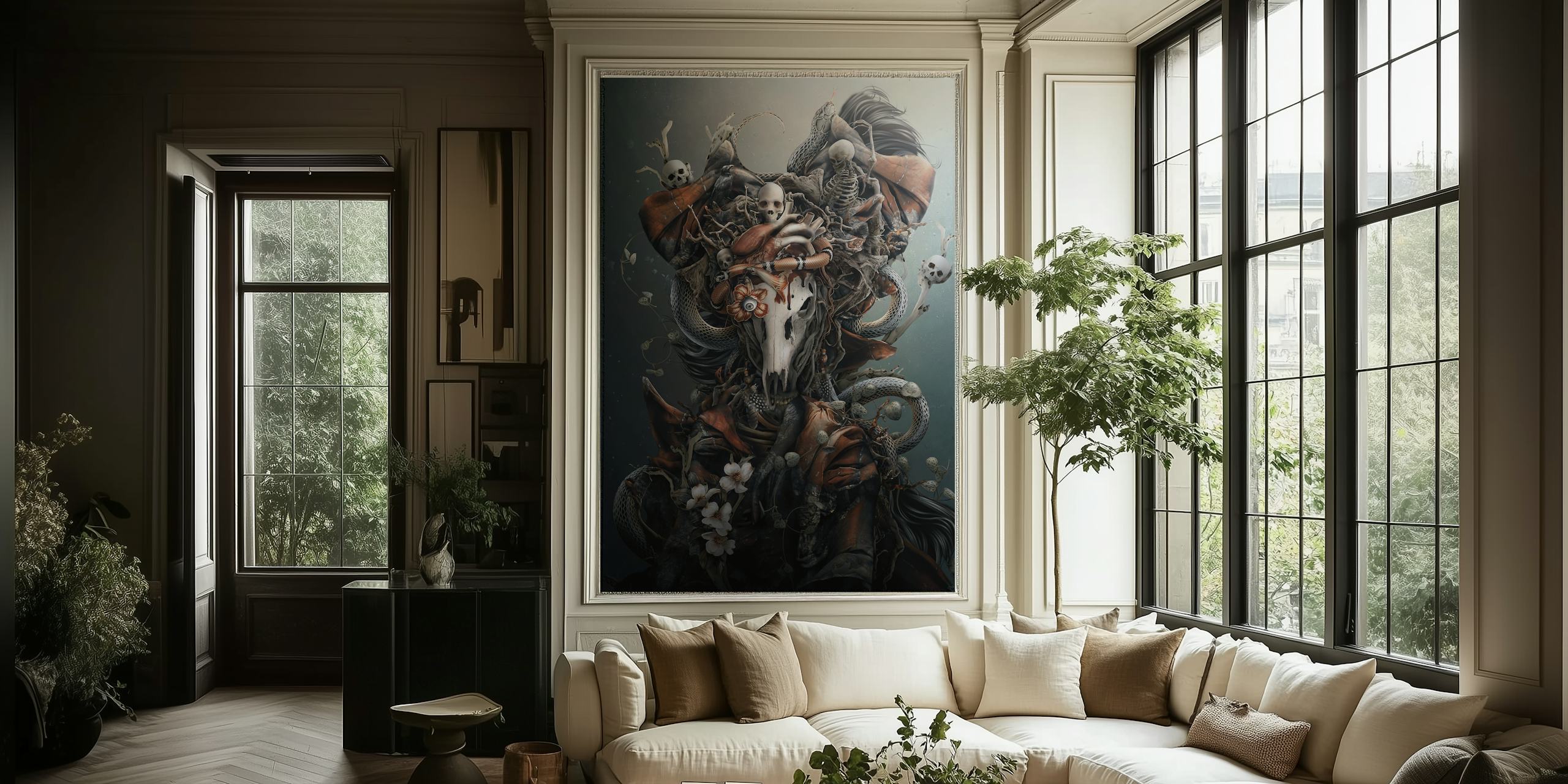 Mystical deer skull wall mural with flowers and feathers