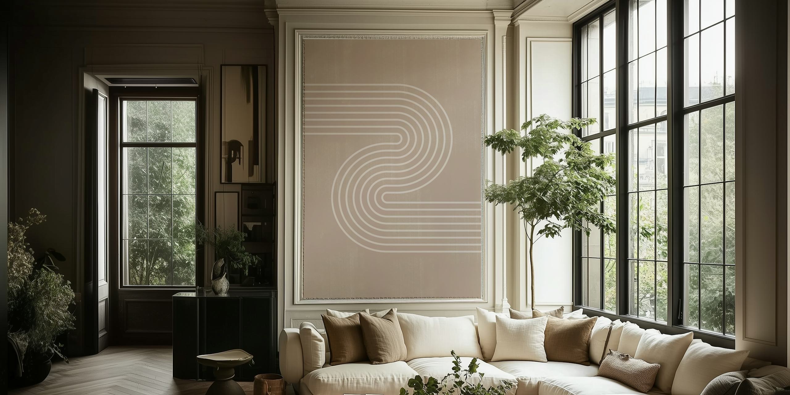 Curved white lines on beige background modern wallpaper