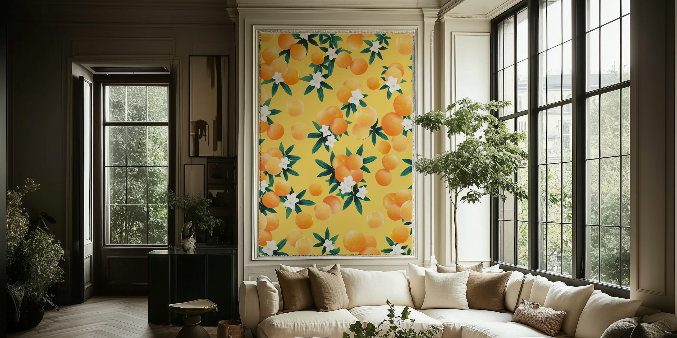 Orange Twist Flower behang in een kamer