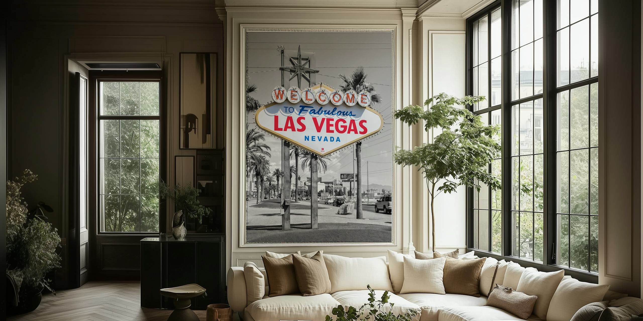 Las Vegas sign in vibrant colors on black and white background wallpaper