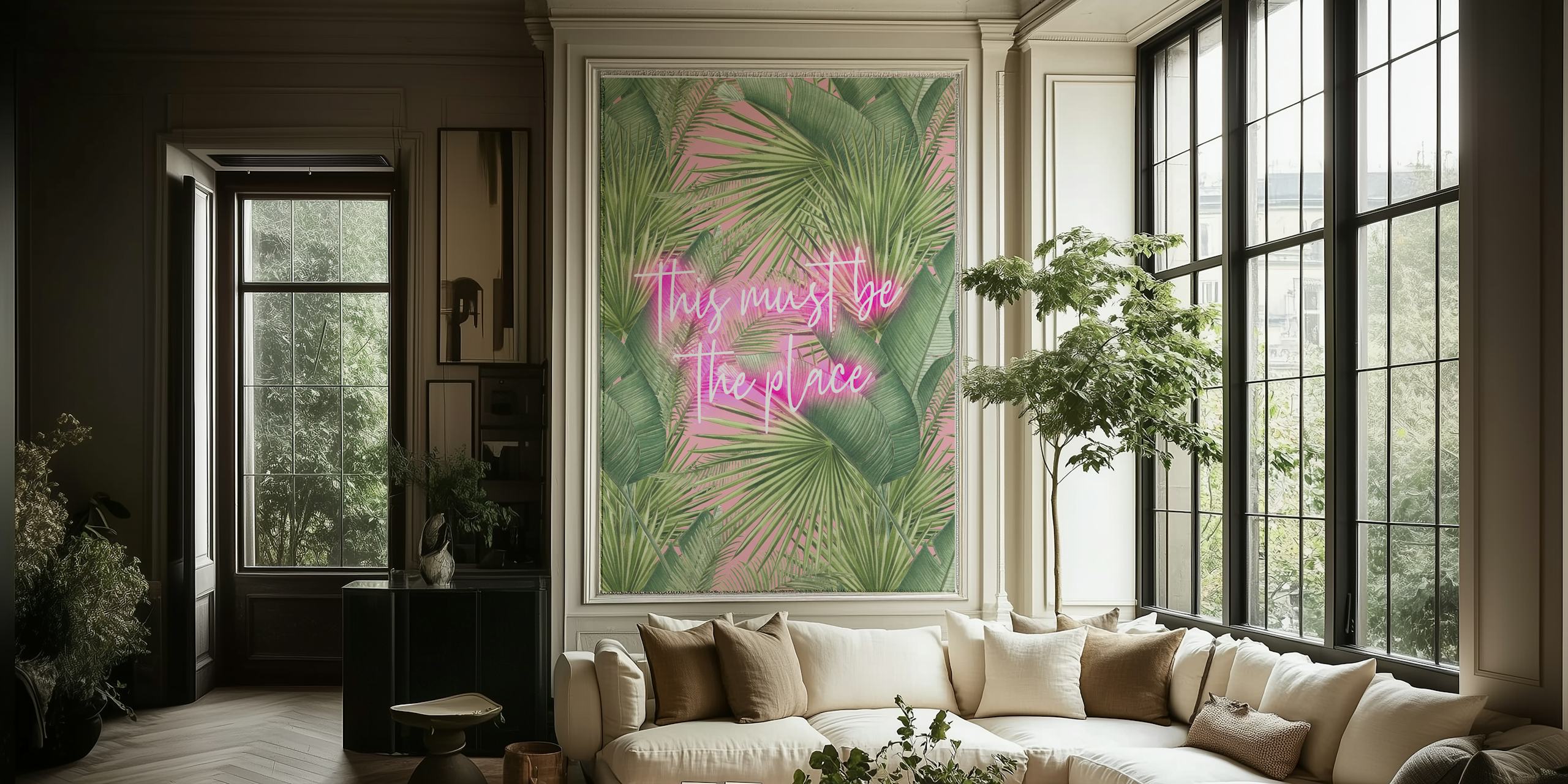 Tropical palm leaves on pink background with neon text wallpaper