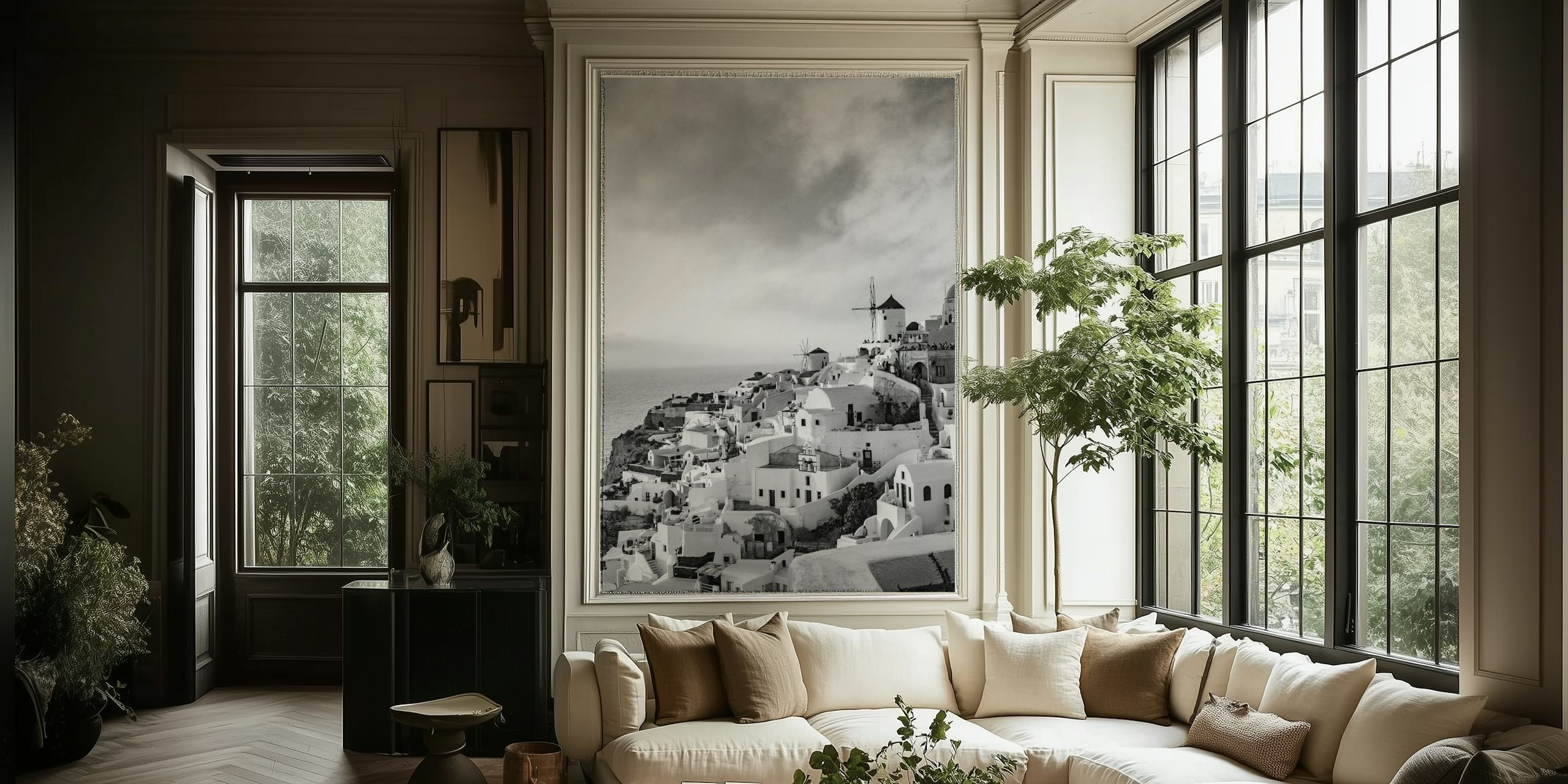Santorini Sunset Bliss 5 wall mural showing whitewashed Greek architecture with windmill