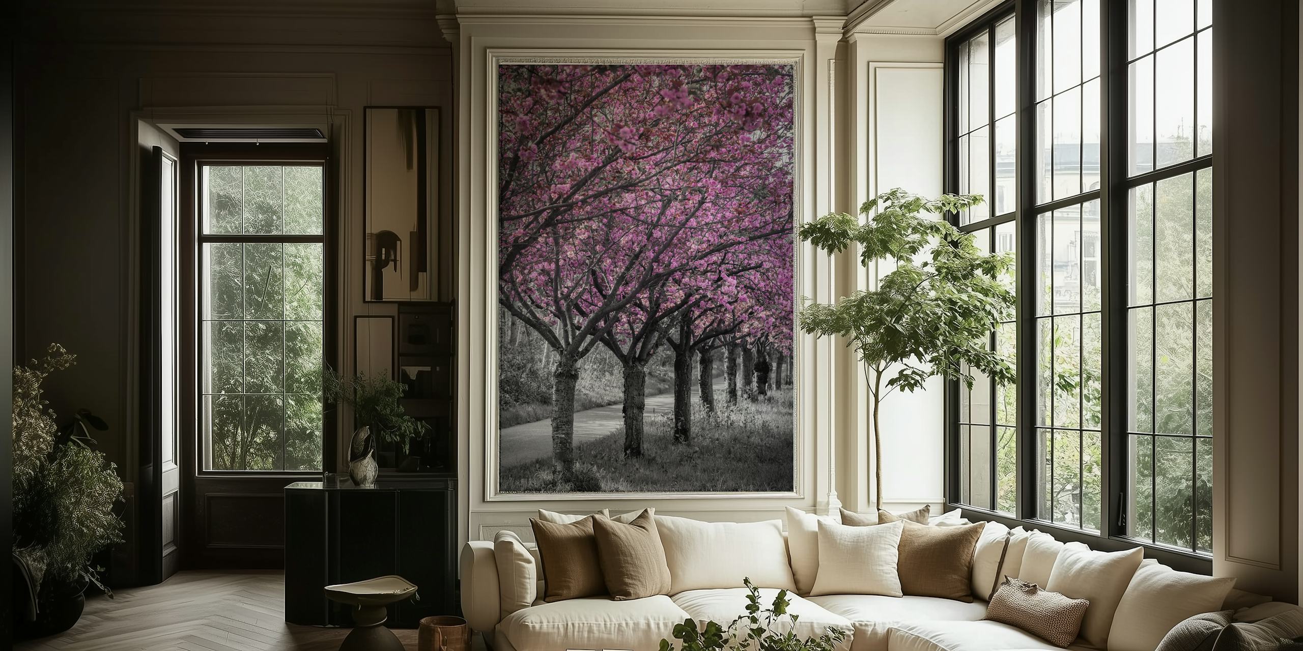 Pink kirsebærblomster over et monokromt gyde-vægmaleri