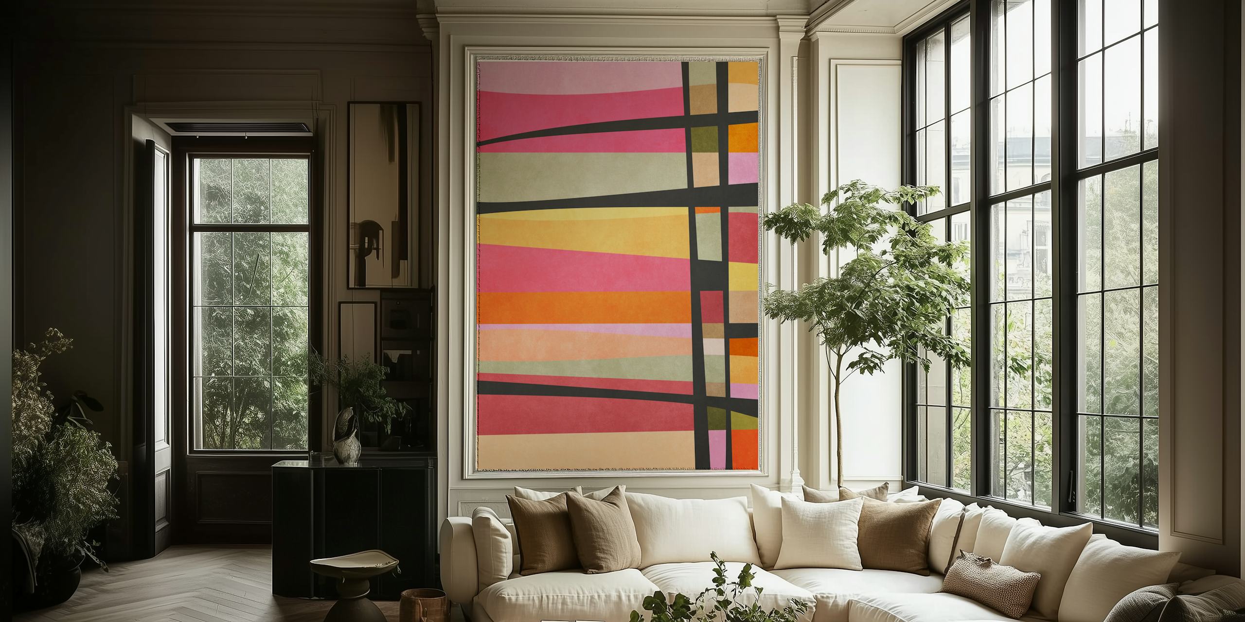 Colorful horizontal lines wallpaper in a room