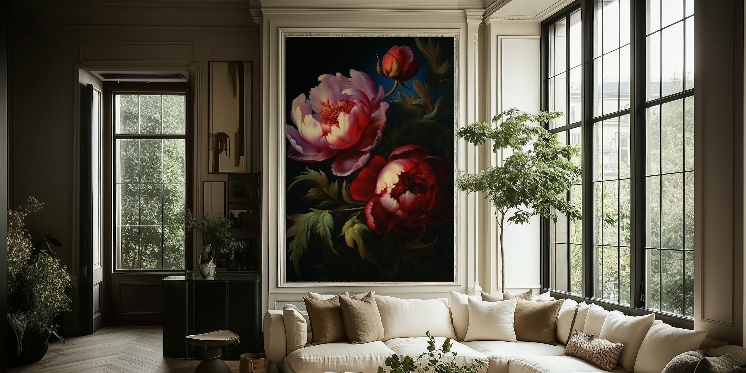 Dark pink peonies and green leaves floral wallpaper