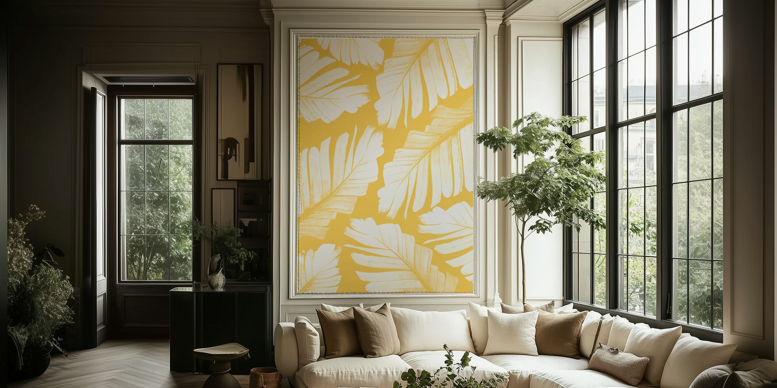 Yellow tropical banana leaves wallpaper with white outlines