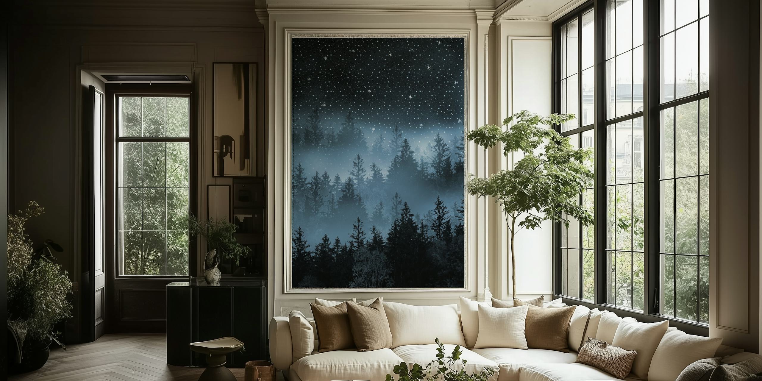 Bezauberndes Wandbild eines sternenklaren Nachthimmels über einem schattigen Wald, der eine ruhige Galaxienkulisse nachahmt