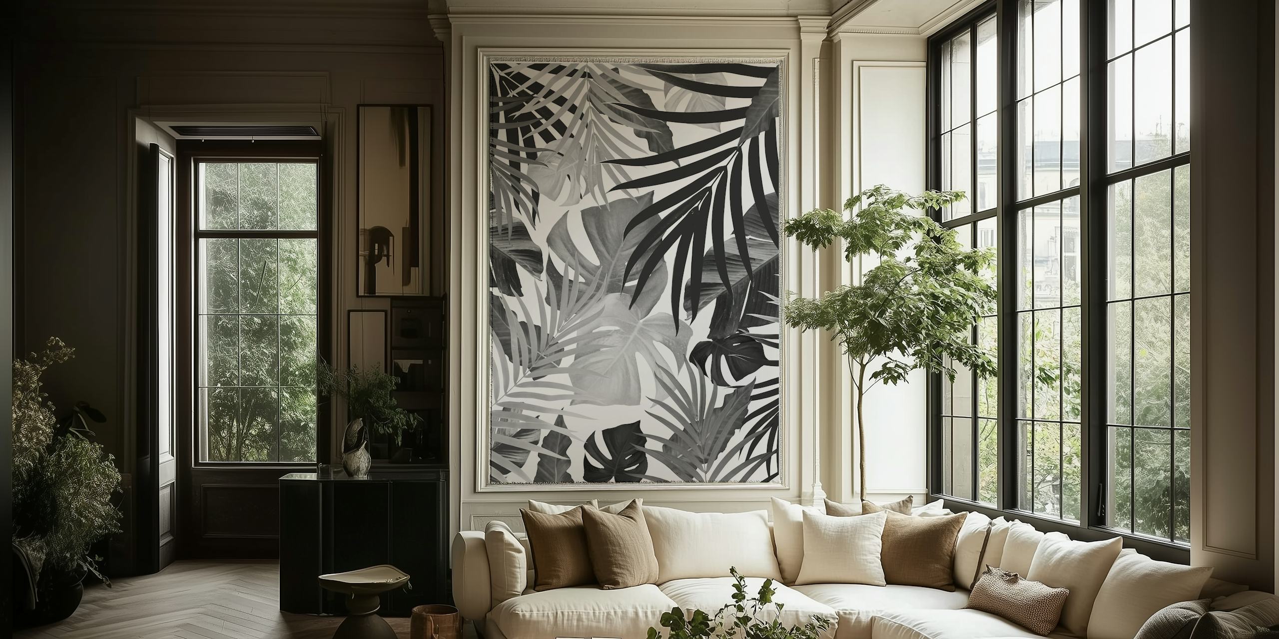 Tropical leaves patterned black and white wallpaper