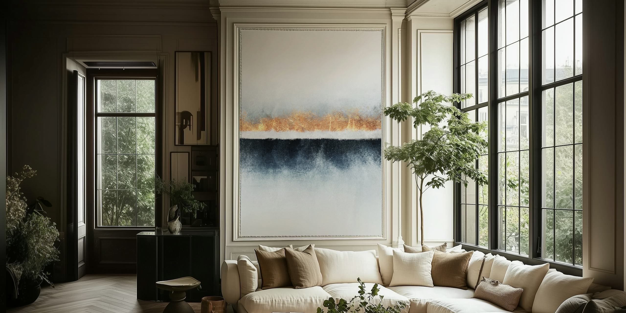 Abstrakcyjna fototapeta Horyzont z warstwami śnieżnobiałej, złotej i ciemnoniebieskiej