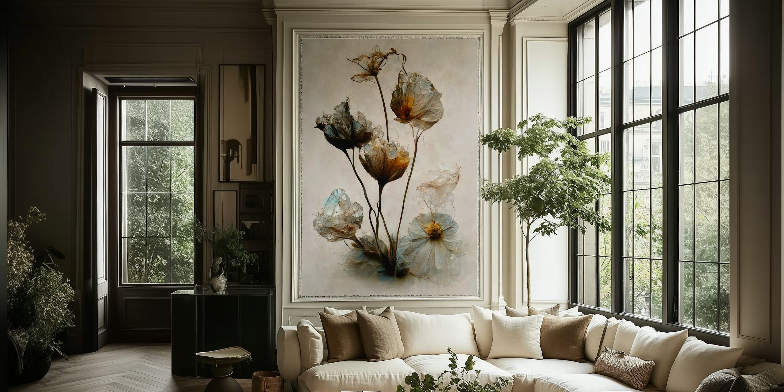 Delicate floral wallpaper featuring soft earth tones and elegant designs.